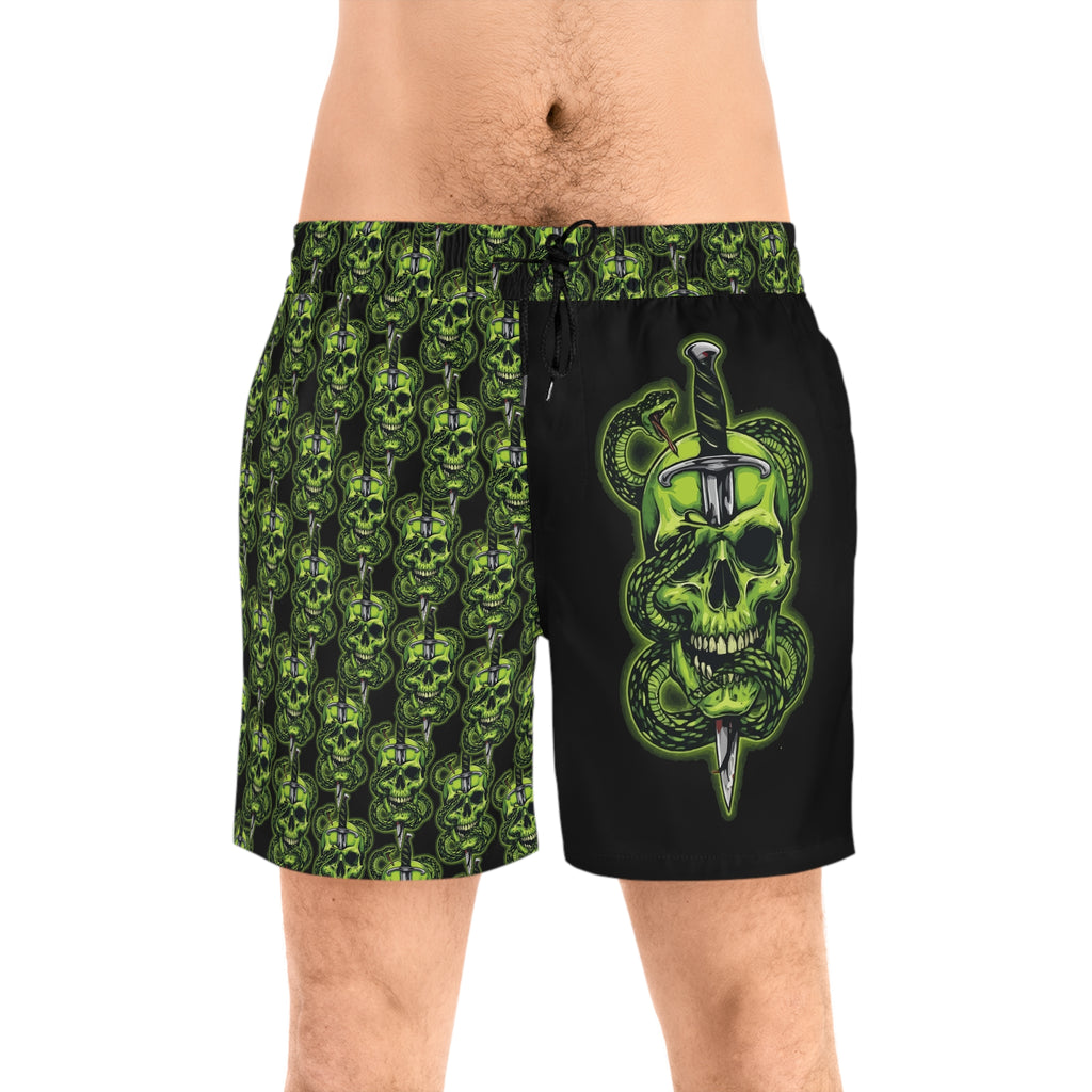 Men's Green Skull & Dagger Swim Shorts - Gothic All-Over Print