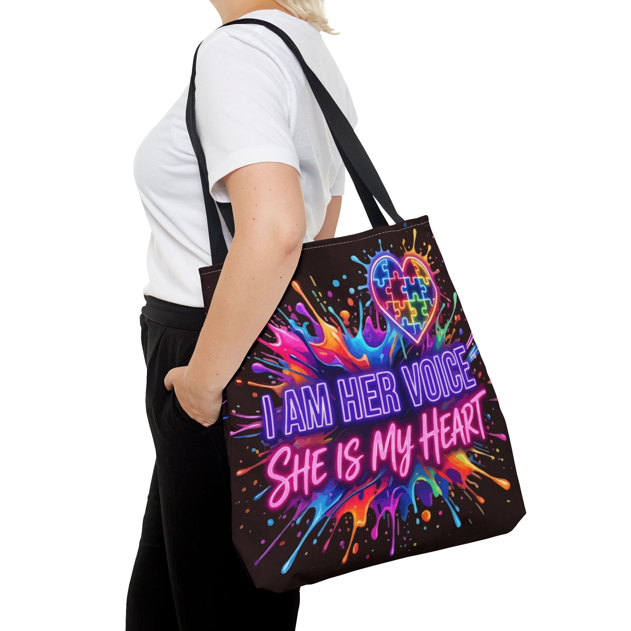 Autism Awareness Tote Bag - "I Am Her Voice, She Is My Heart" Colorful Puzzle Heart Carryall