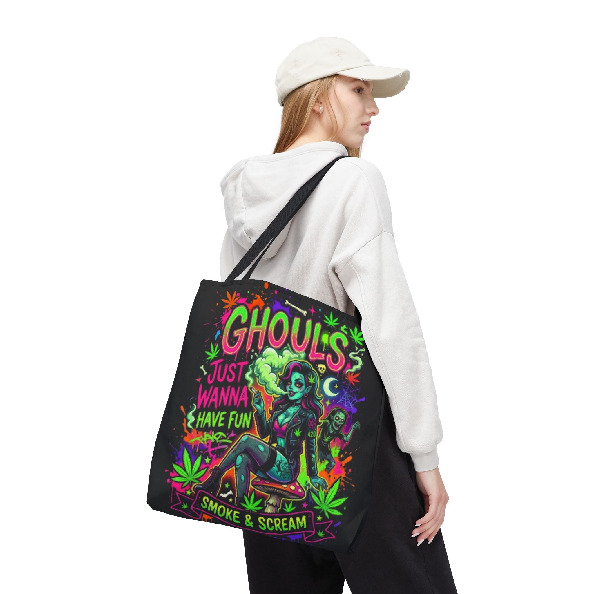 Ghoul's Just Wanna Have Fun Neon Halloween Tote Bag – Spooky Retro Cannabis Art