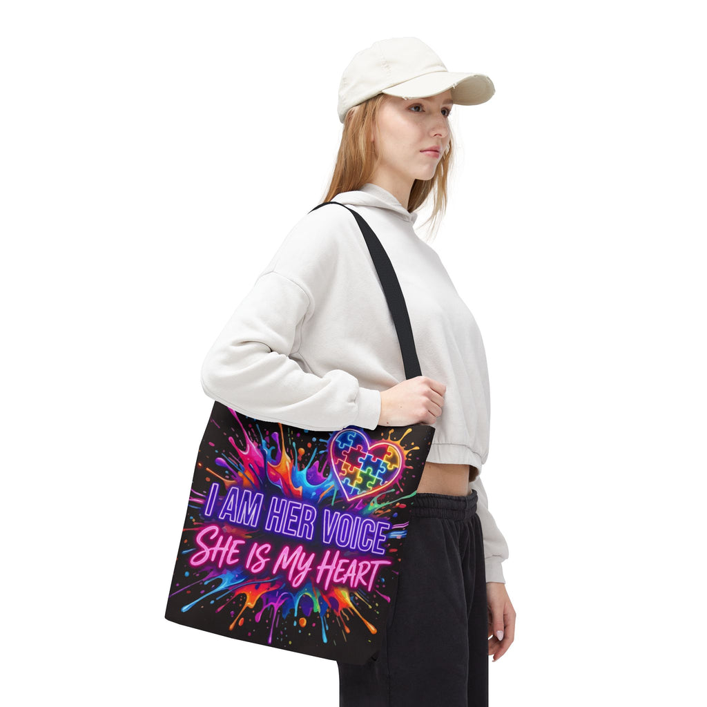 Autism Awareness Tote Bag - "I Am Her Voice, She Is My Heart" Colorful Puzzle Heart Carryall