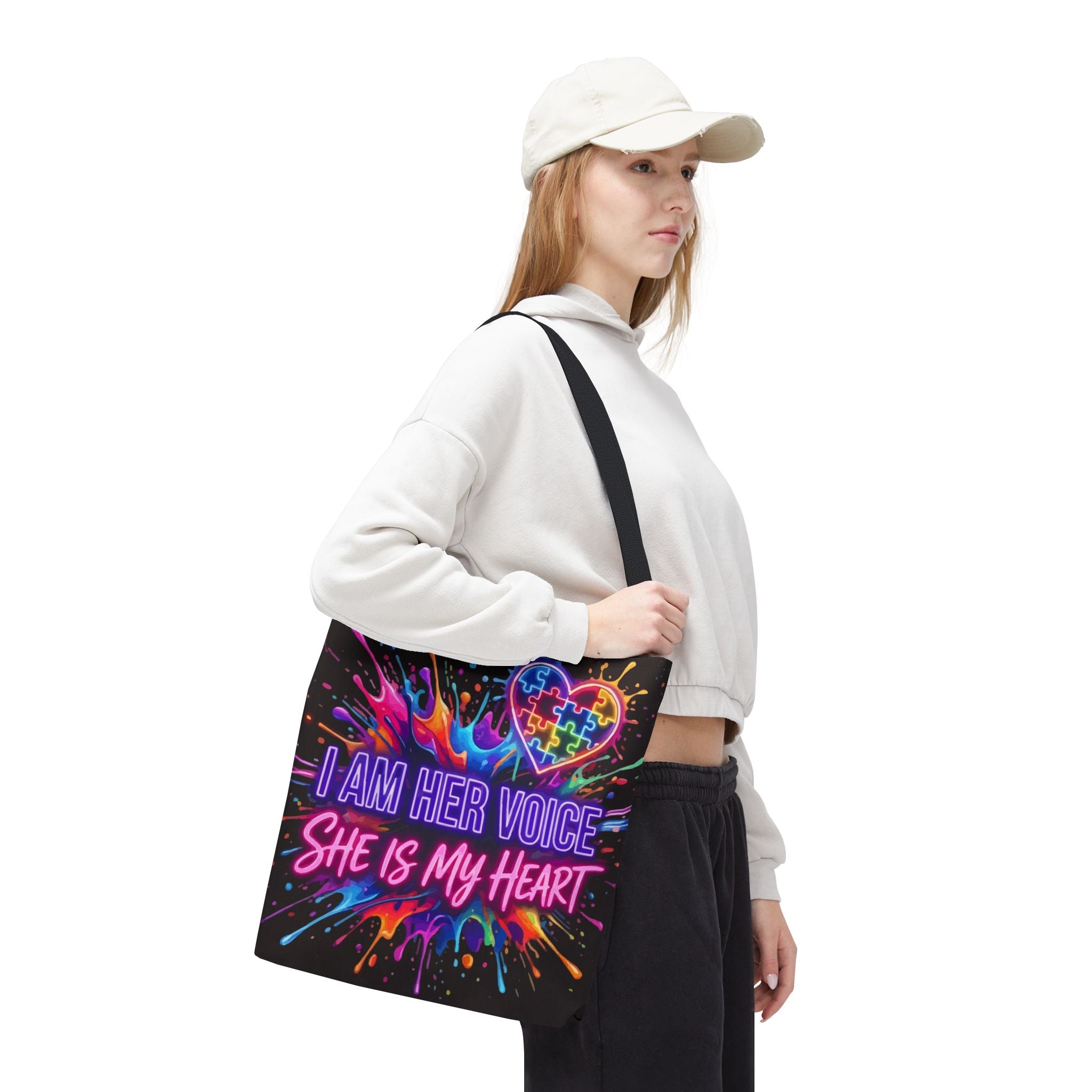 Autism Awareness Tote Bag - "I Am Her Voice, She Is My Heart" Colorful Puzzle Heart Carryall
