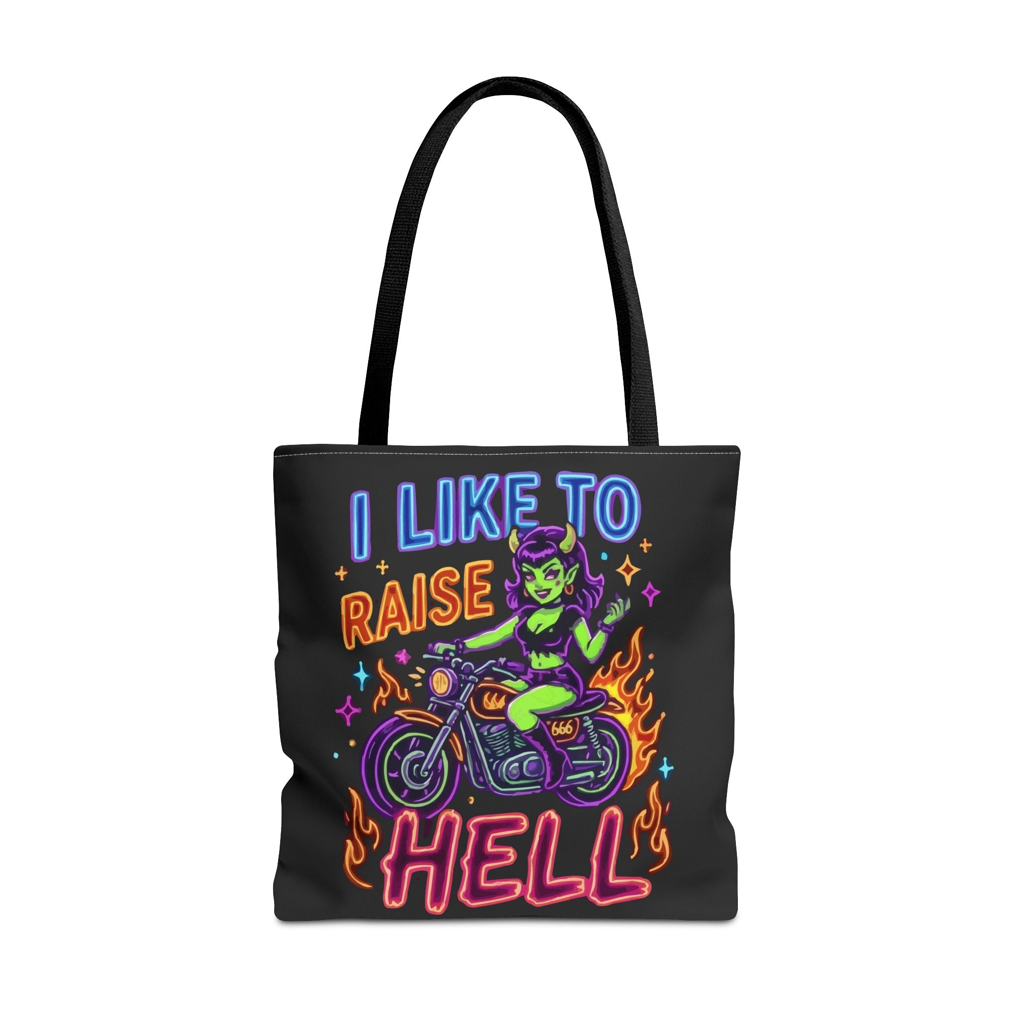 I Like to Raise Hell Motorcycle Tote Bag — Neon Biker Cat Graphic
