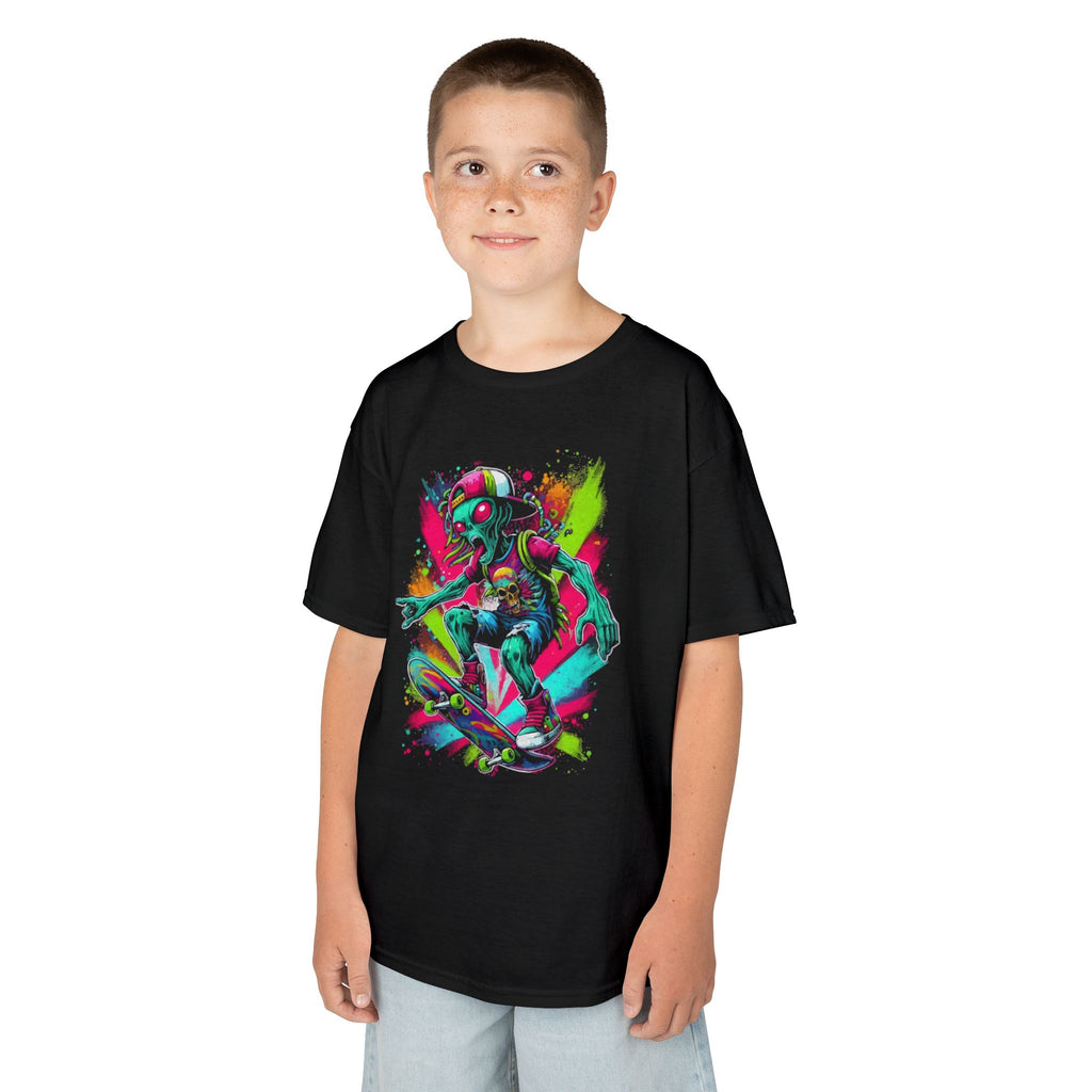 Kids Skateboarder Neon Zombie T-Shirt — Colorful Skateboarding Graphic Tee for Boys & Girls