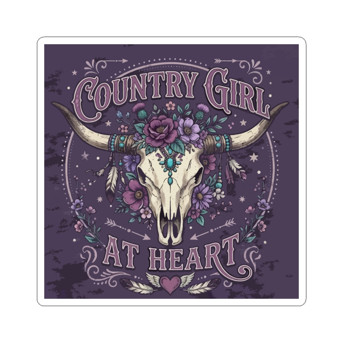 Country Girl At Heart Sticker — Floral Bull Skull Kiss-Cut Sticker