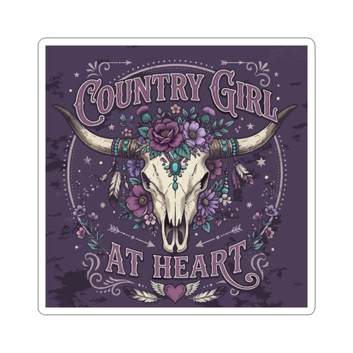 Country Girl At Heart Sticker — Floral Bull Skull Kiss-Cut Sticker