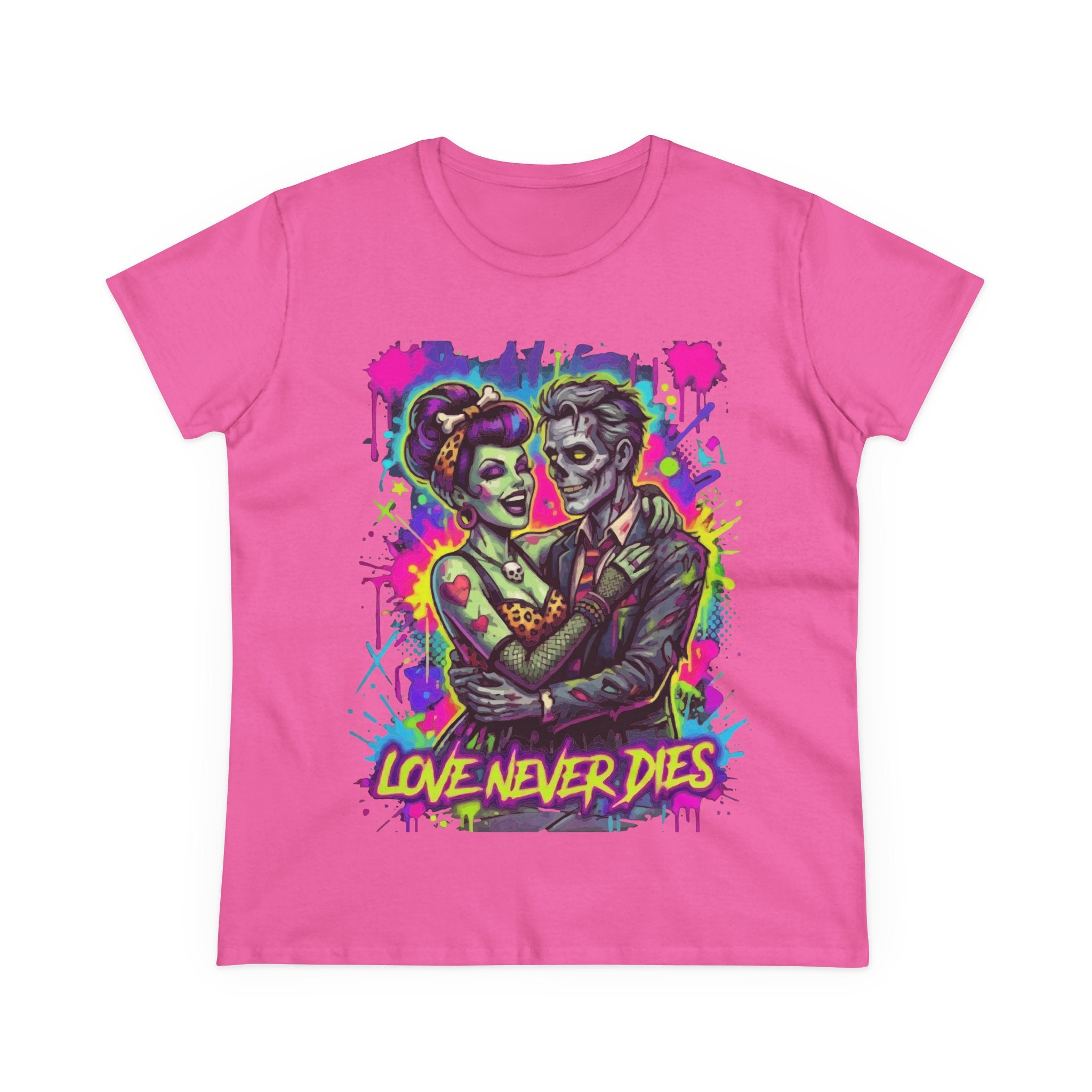 Women's Tee — Neon Zombie Couple "Love Never Dies" Graphic