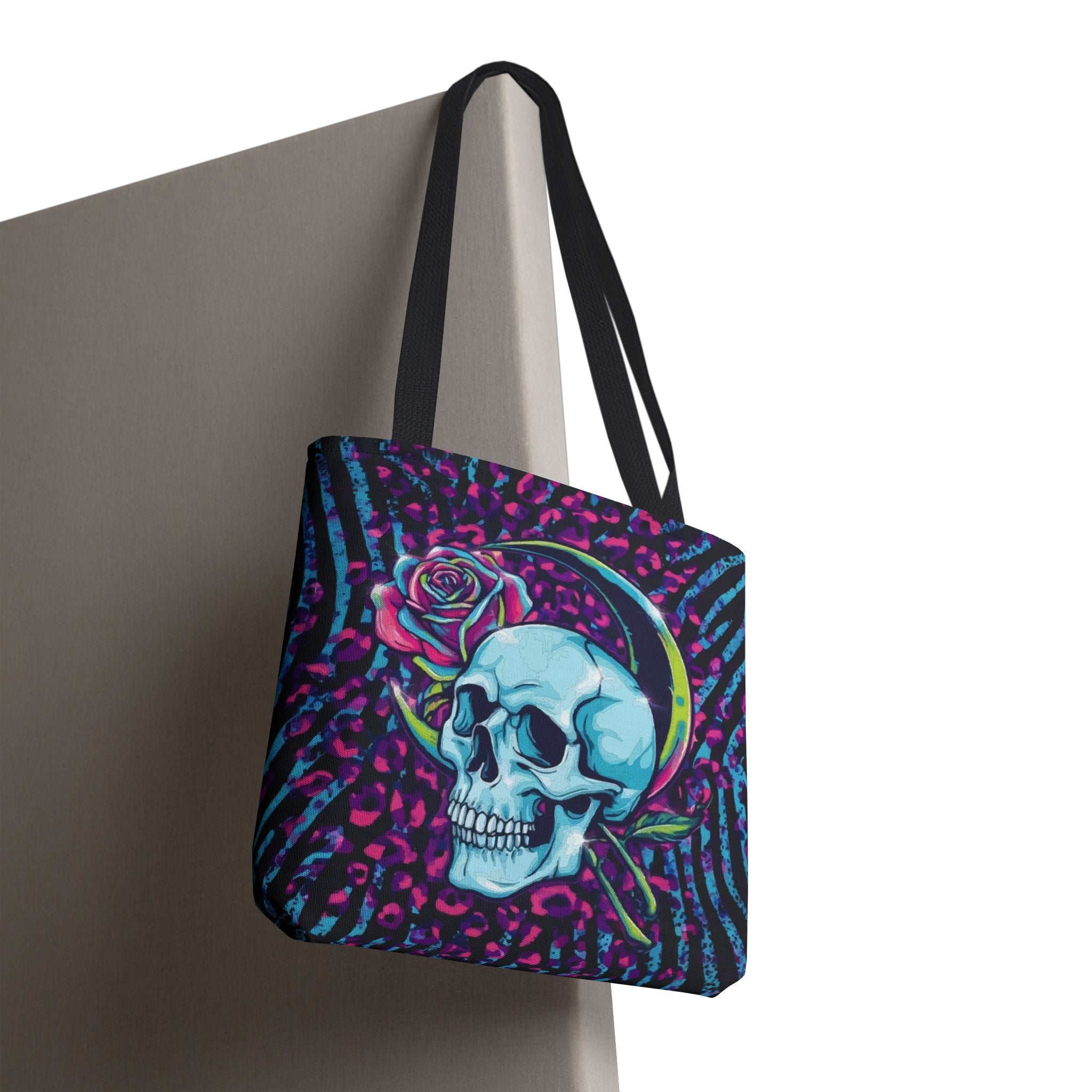 Skull & Rose Tote Bag — Neon Gothic Crescent Moon AOP Tote