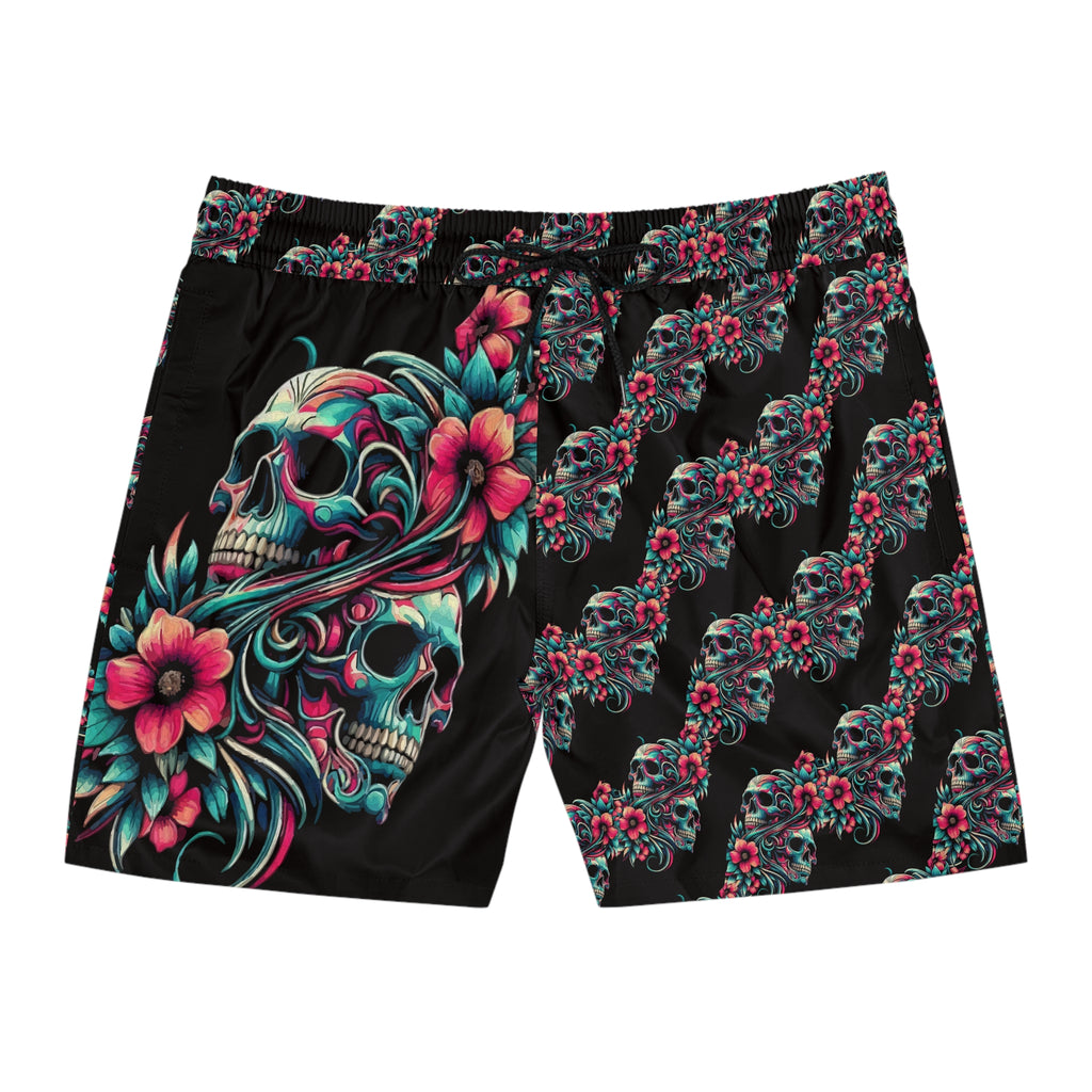 Skull & Hibiscus Swim Shorts — Men's Floral Skull Beach Trunks