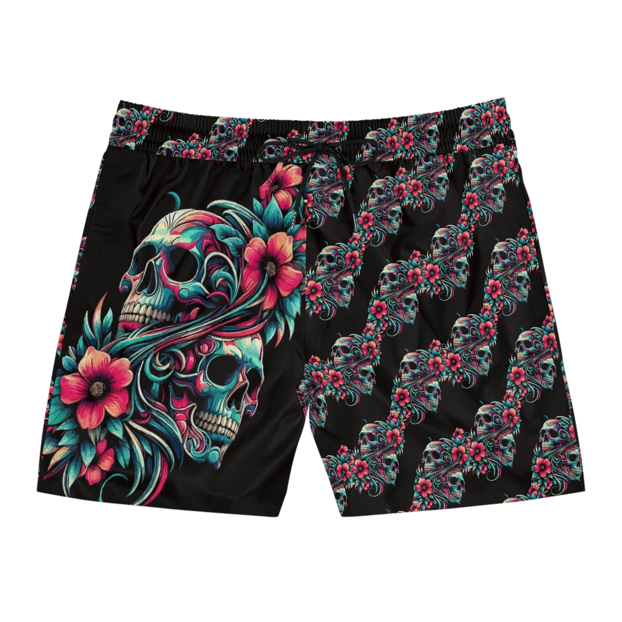 Skull & Hibiscus Swim Shorts — Men's Floral Skull Beach Trunks