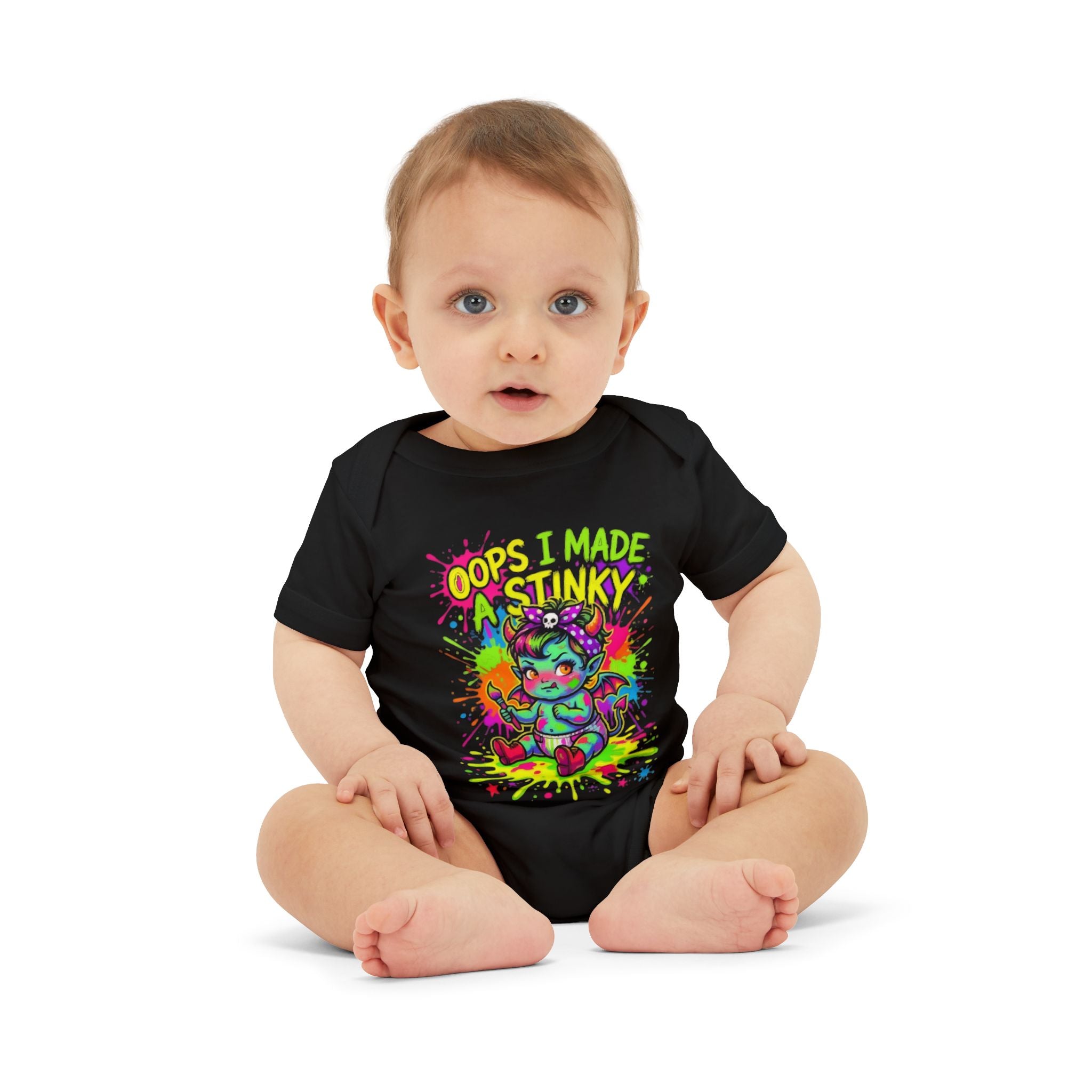 Infant One-Piece Bodysuit — "Oops I Made a Stinky" Neon Monster Baby Bodysuit
