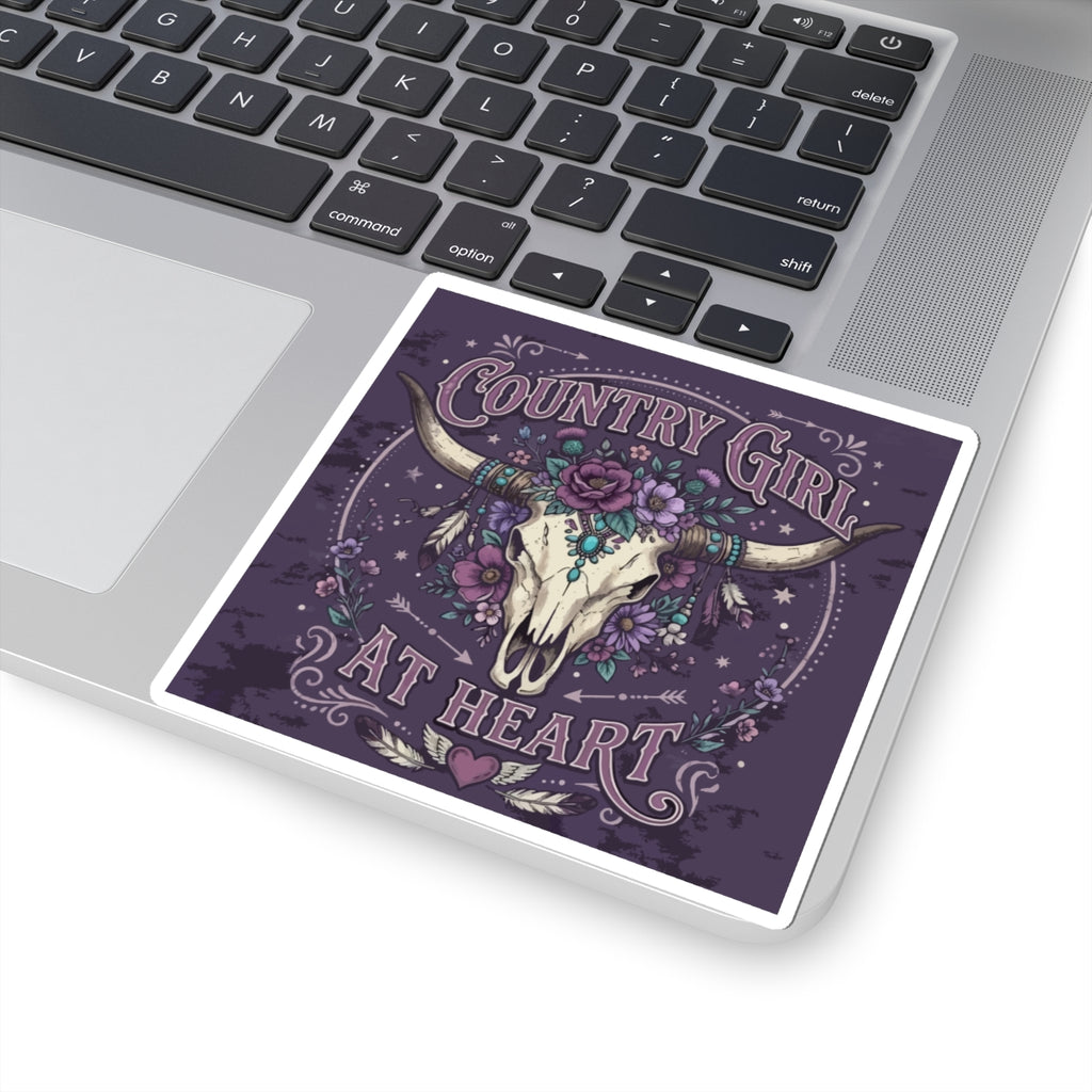 Country Girl At Heart Sticker — Floral Bull Skull Kiss-Cut Sticker