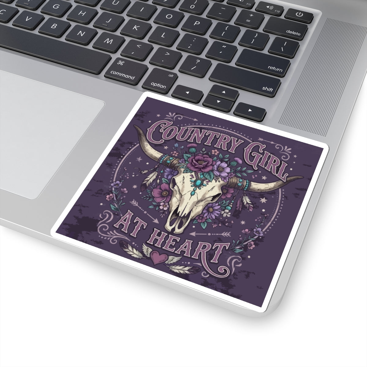 Country Girl At Heart Sticker — Floral Bull Skull Kiss-Cut Sticker