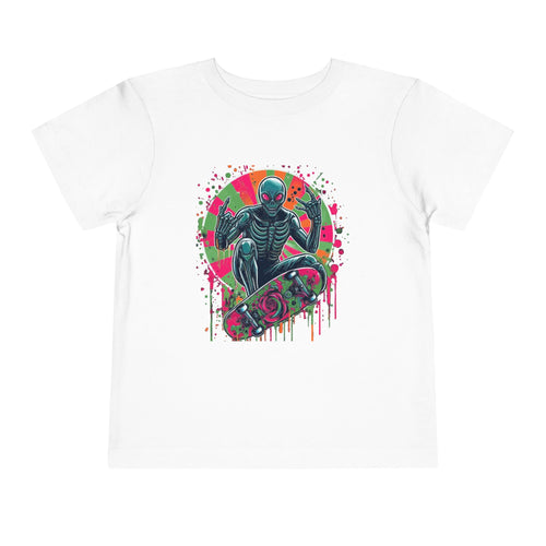 Alien Skull Skateboard Toddler Tee — Neon Skateboarder Graphic Shirt