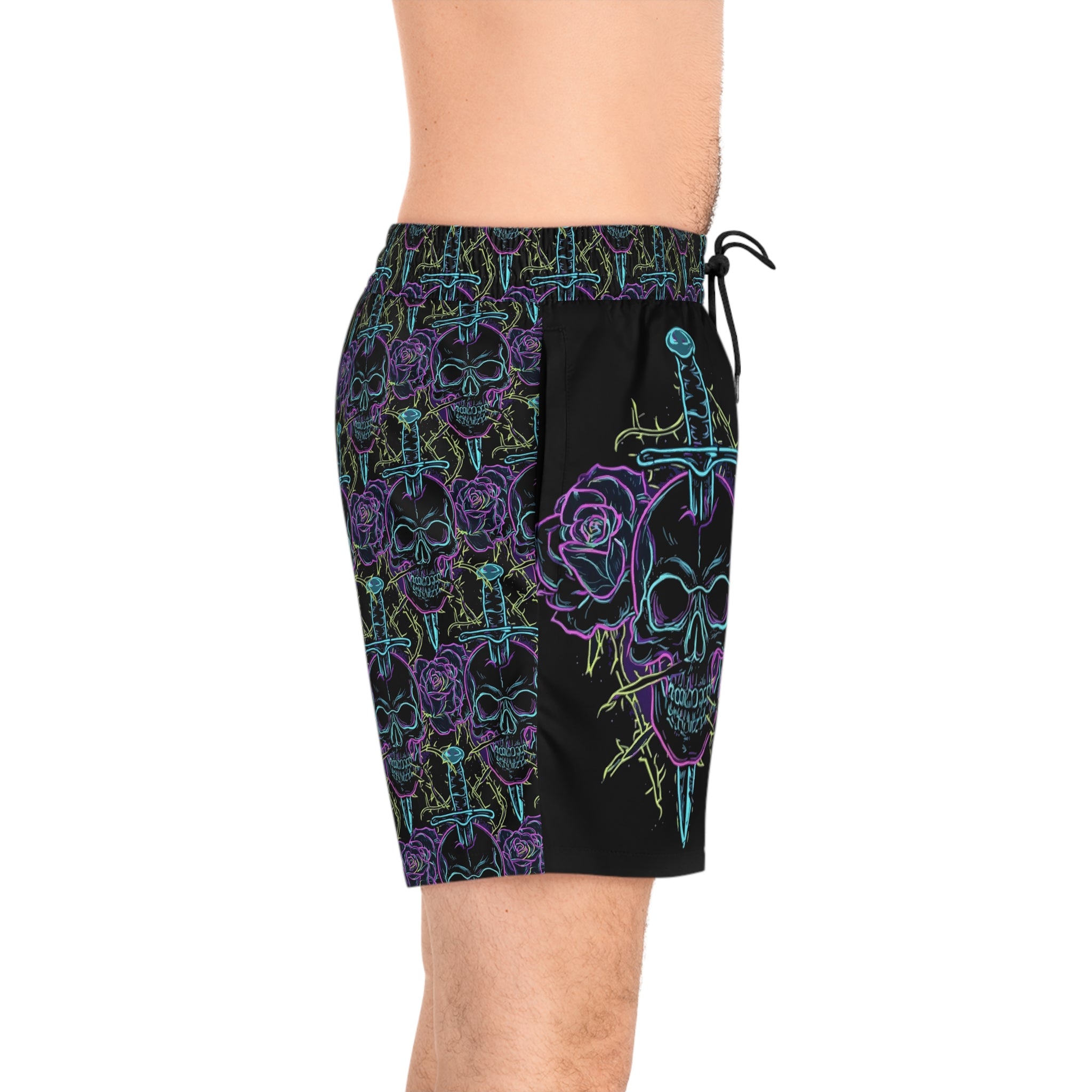 Neon Skull & Dagger Swim Shorts — Gothic Rose Men's Mid-Length Trunks