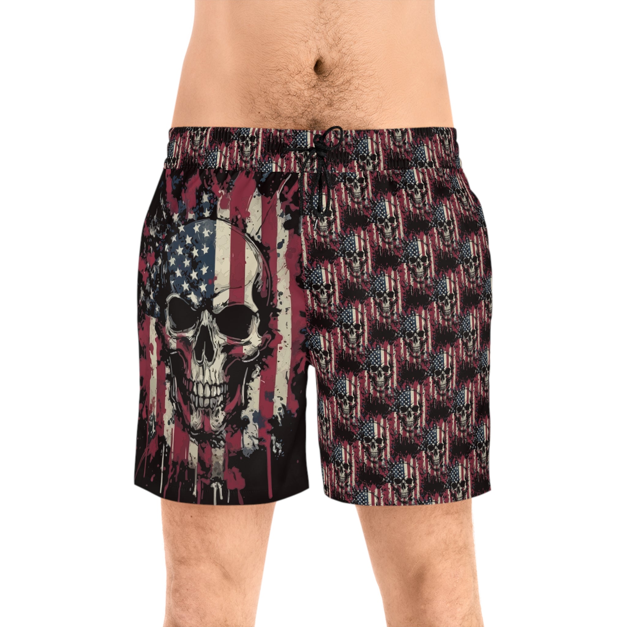 American Flag Skull Swim Shorts — Patriotic Gothic Beach Trunks