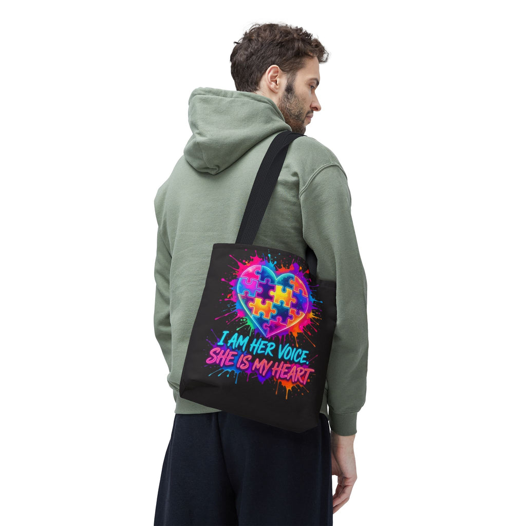 Autism Awareness Heart Tote Bag — "I Am Her Voice, She Is My Heart" Colorful Puzzle Design