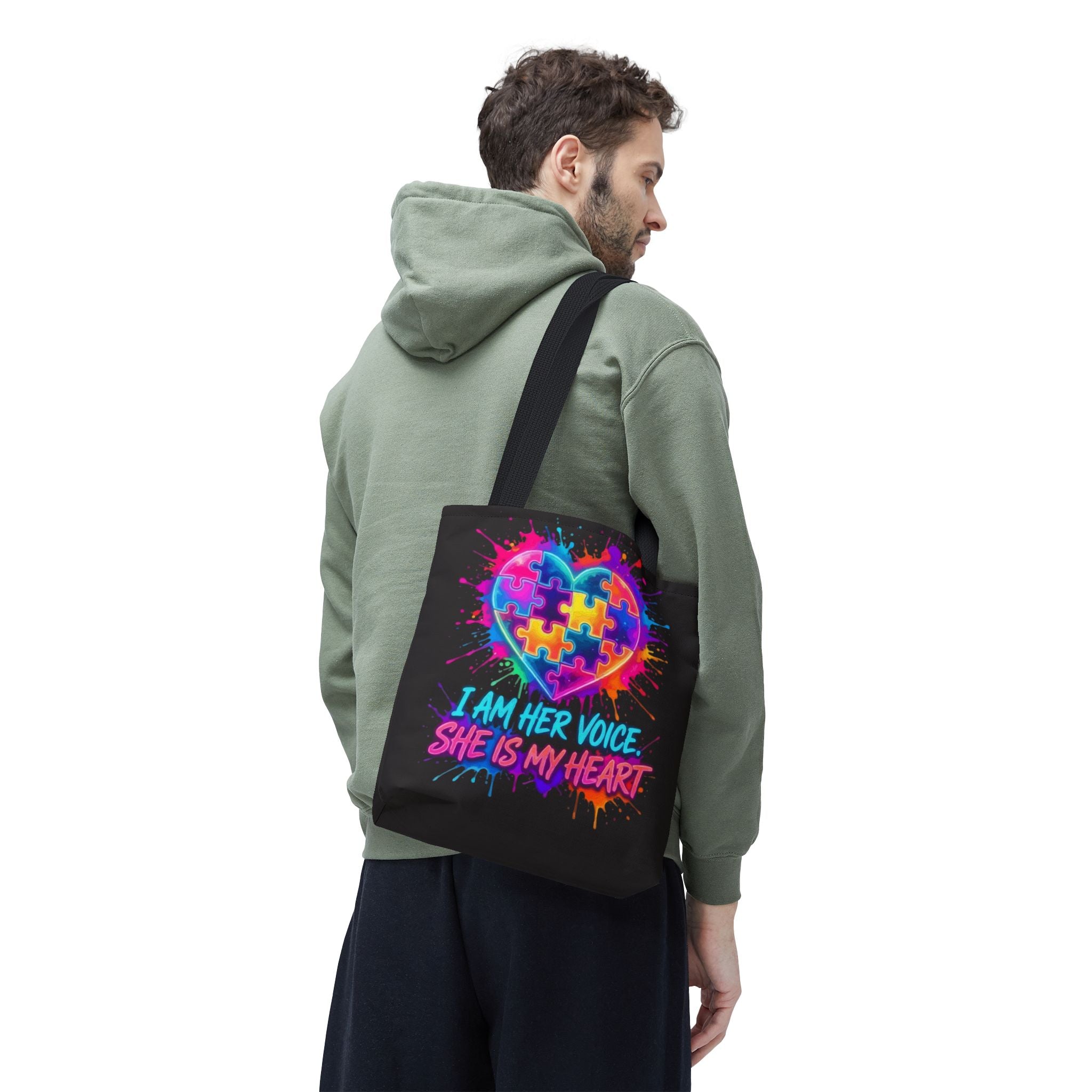 Autism Awareness Heart Tote Bag — "I Am Her Voice, She Is My Heart" Colorful Puzzle Design