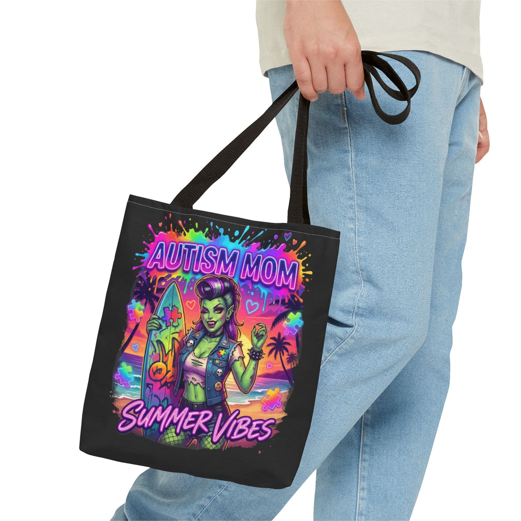 Autism Mom Summer Vibes Tote Bag — Colorful Supportive Beach Tote
