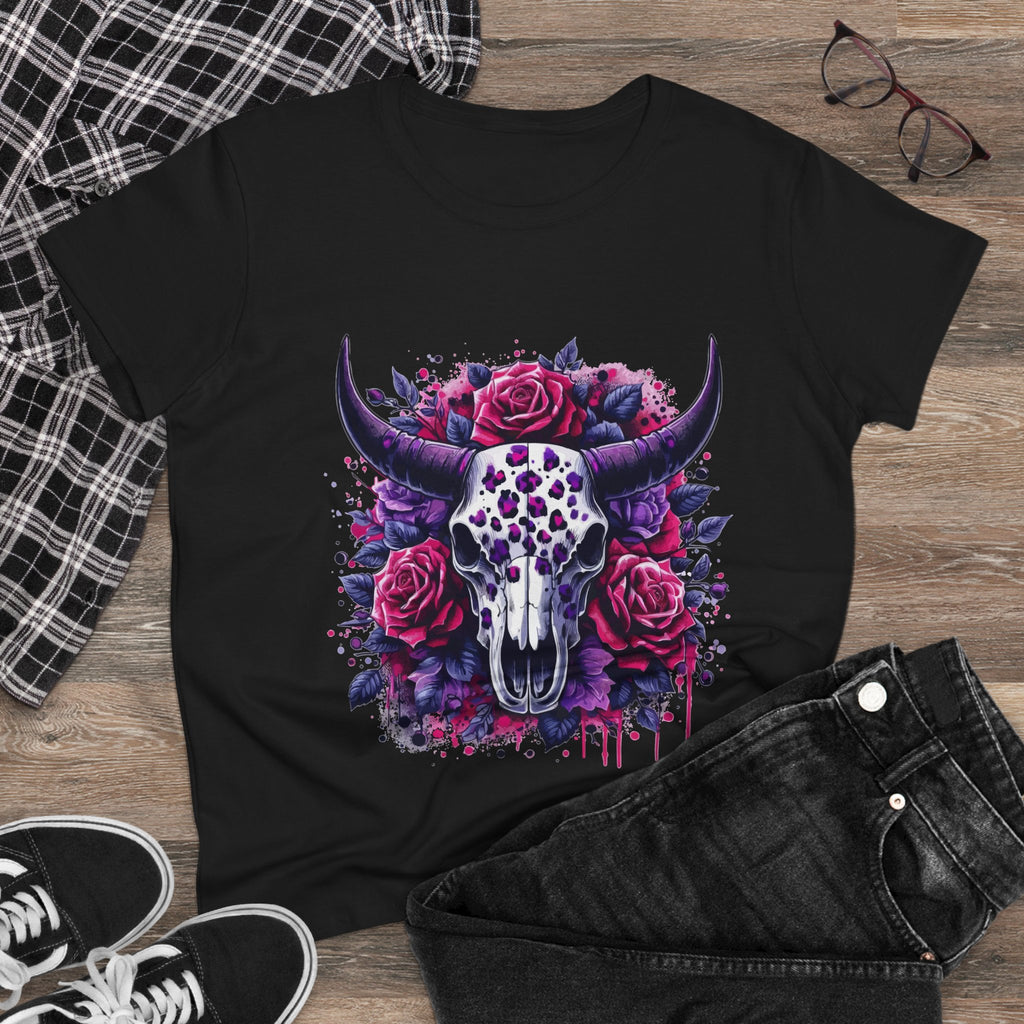 Bull Skull Rose Graphic Tee — Floral Western Women's T-Shirt