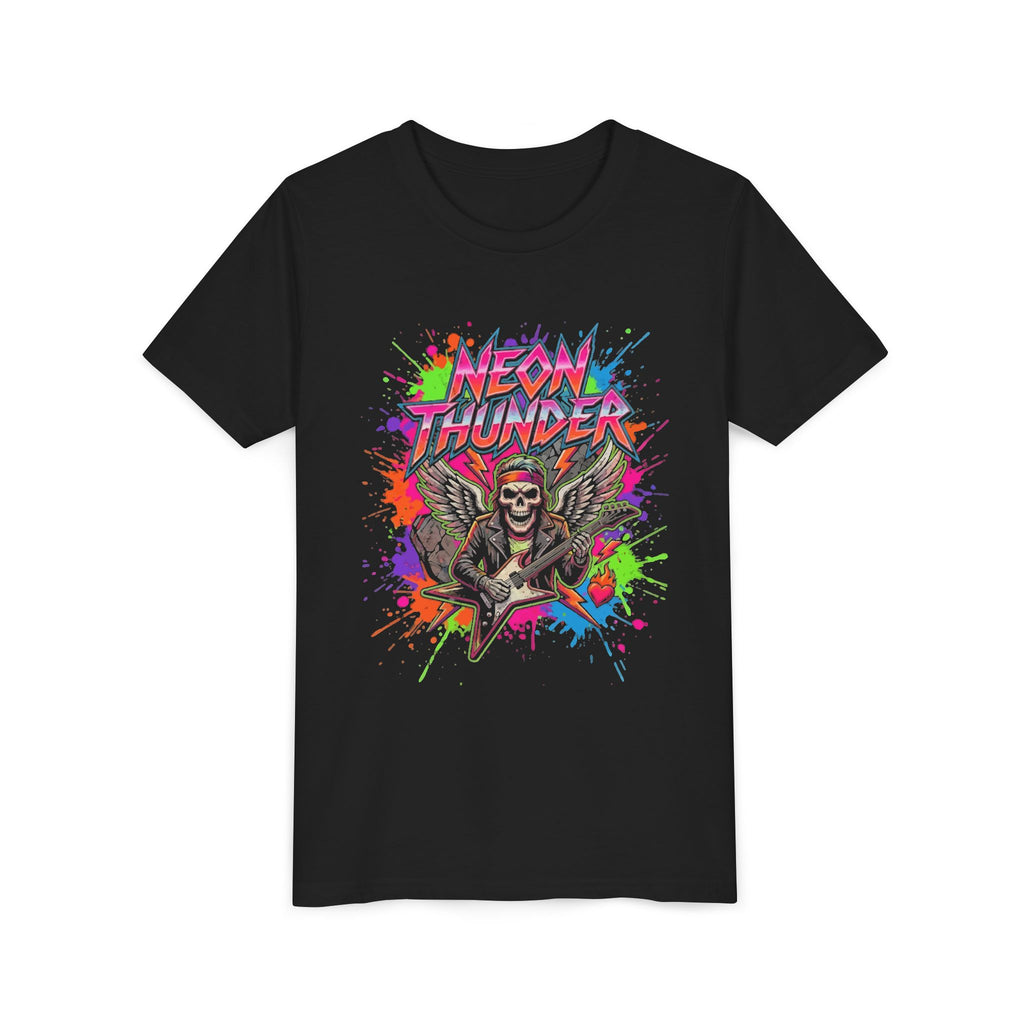 Neon Thunder Youth Tee - Colorful Skull Guitar Rock Graphic