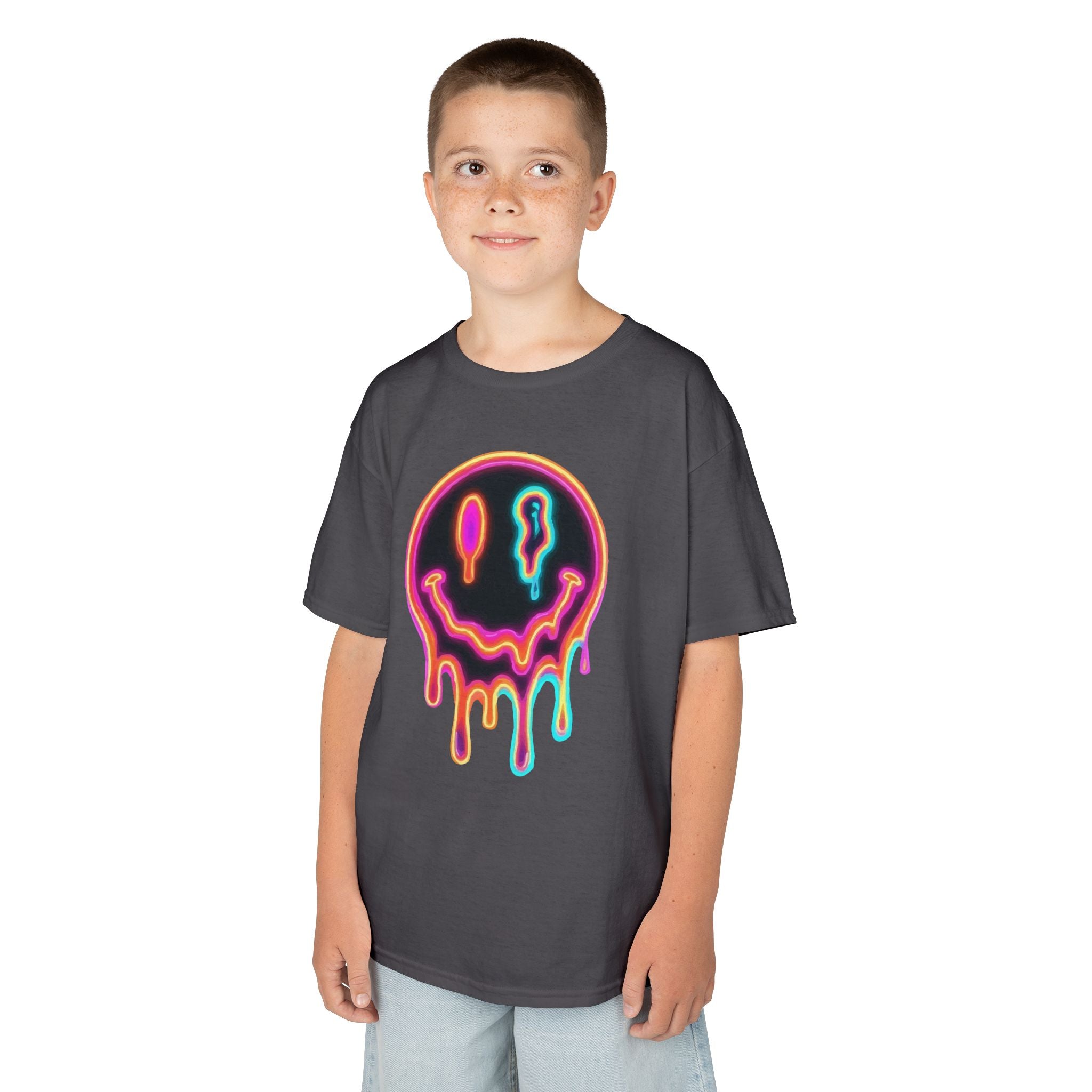 Kids Neon Drip Smiley T-Shirt — Colorful Melting Emoji Tee for Boys & Girls