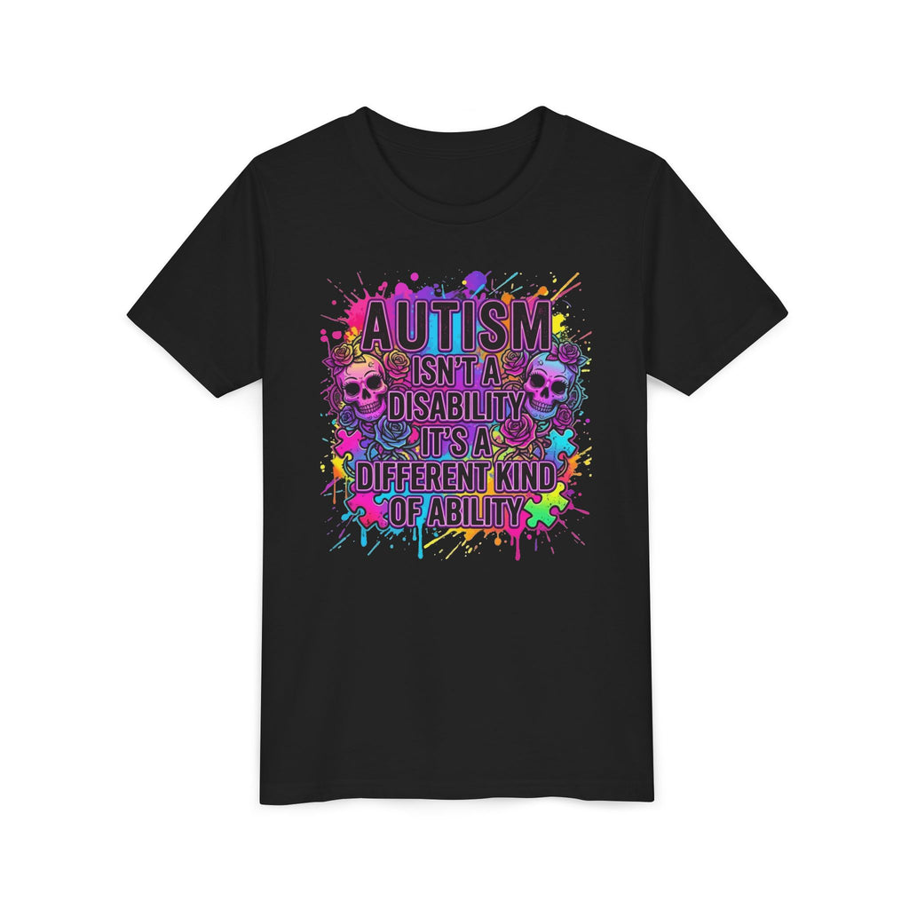 Youth Tee — "Autism Isn't a Disability, It's a Different Kind of Ability" Colorful Skull Design
