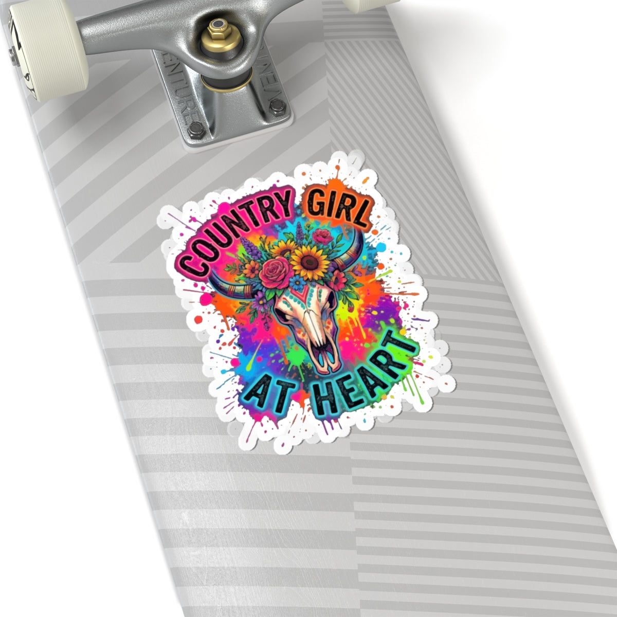 Country Girl At Heart Kiss-Cut Sticker — Colorful Floral Steer Skull Decal