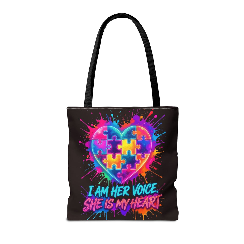 Autism Awareness Heart Tote Bag — "I Am Her Voice, She Is My Heart" Colorful Puzzle Design