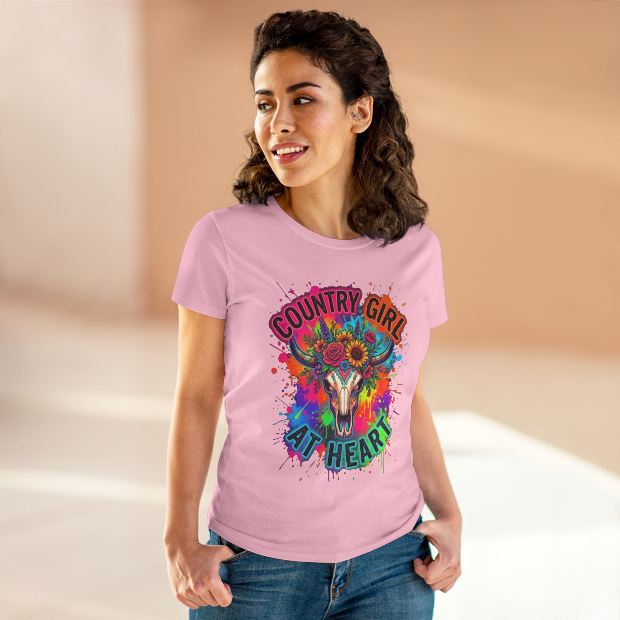 Country Girl At Heart Tee — Colorful Floral Cow Skull Women's T‑Shirt