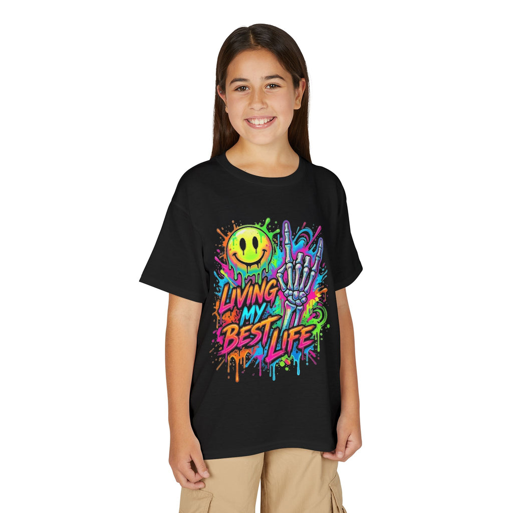 Youth T‑Shirt — Colorful Graffiti “Living My Best Life” Smile Skeleton Design