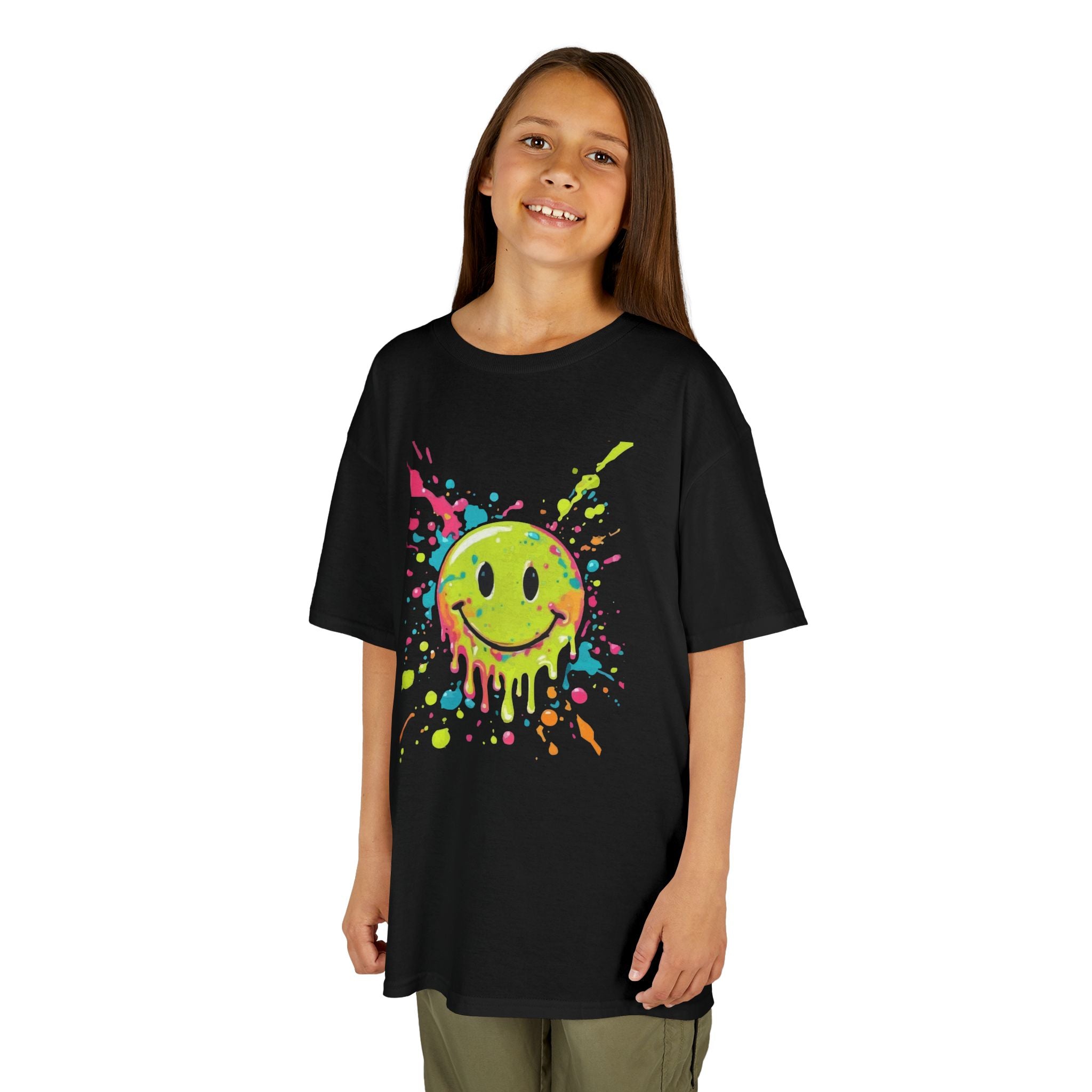 Kids Tee — Neon Drip Smiley Face Paint Splash