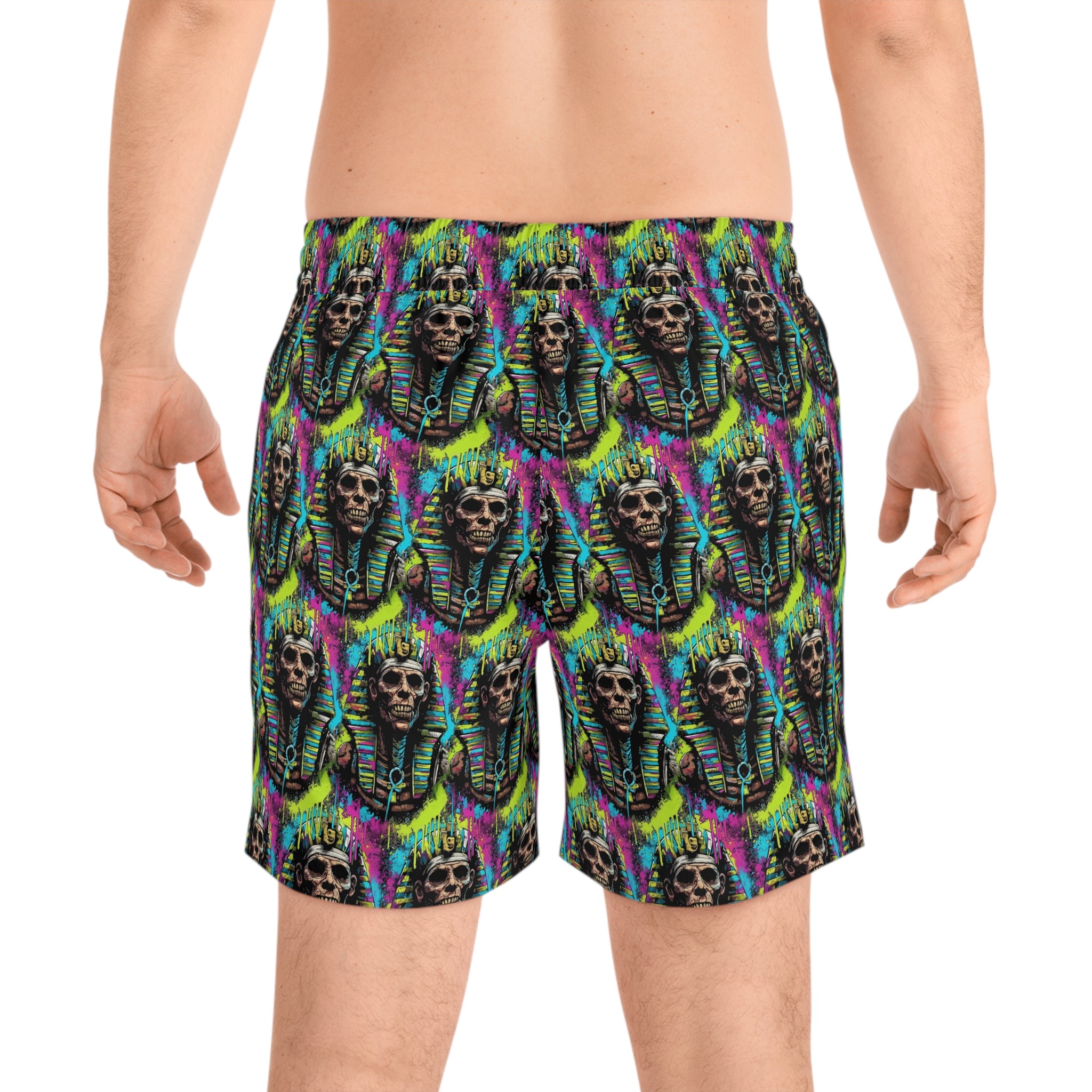 Neon Pharaoh Skull Swim Shorts - Men’s Mid-Length Beach Trunks