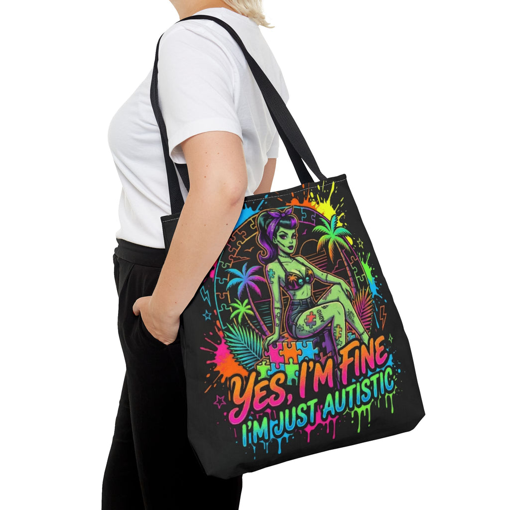 Autistic Pride Tote Bag — “Yes, I’m Fine, I’m Just Autistic” Neon Pinup Tote
