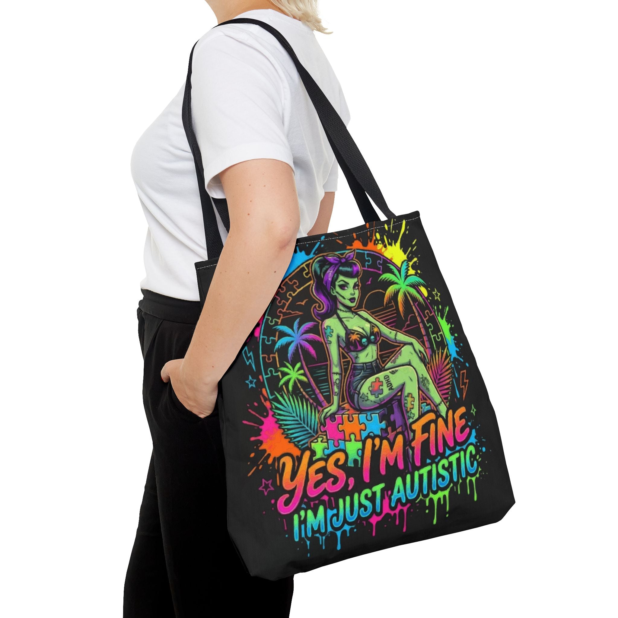Autistic Pride Tote Bag — “Yes, I’m Fine, I’m Just Autistic” Neon Pinup Tote