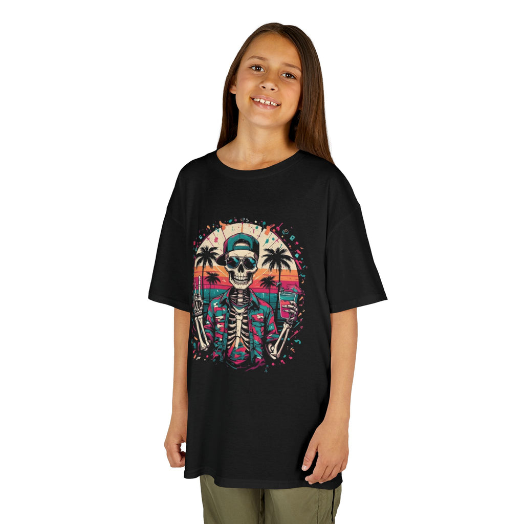 Kids Tee — Retro Beach Skeleton Graphic (Skull, Palm Trees, Sunset)