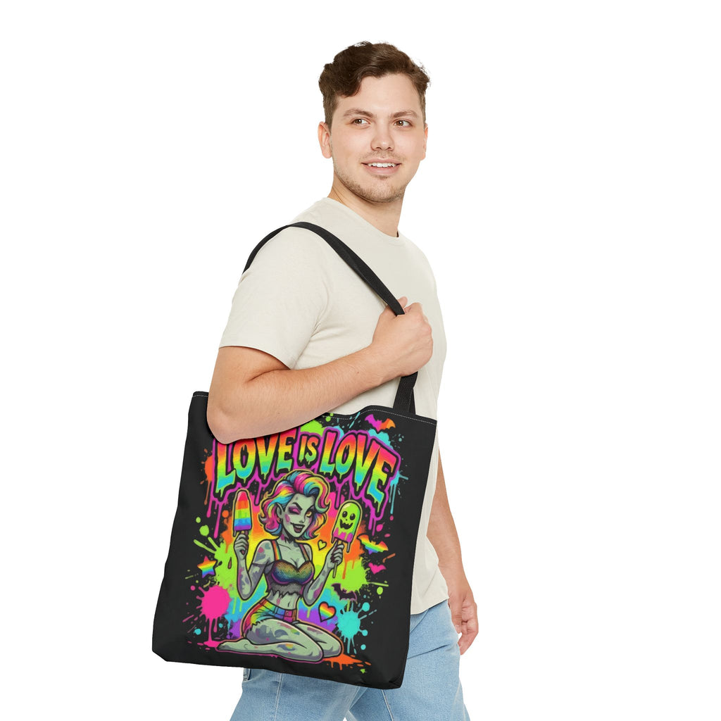 Love Is Love Neon Pride Tote Bag — Colorful Retro Pin-Up LGBTQ+ Canvas Tote