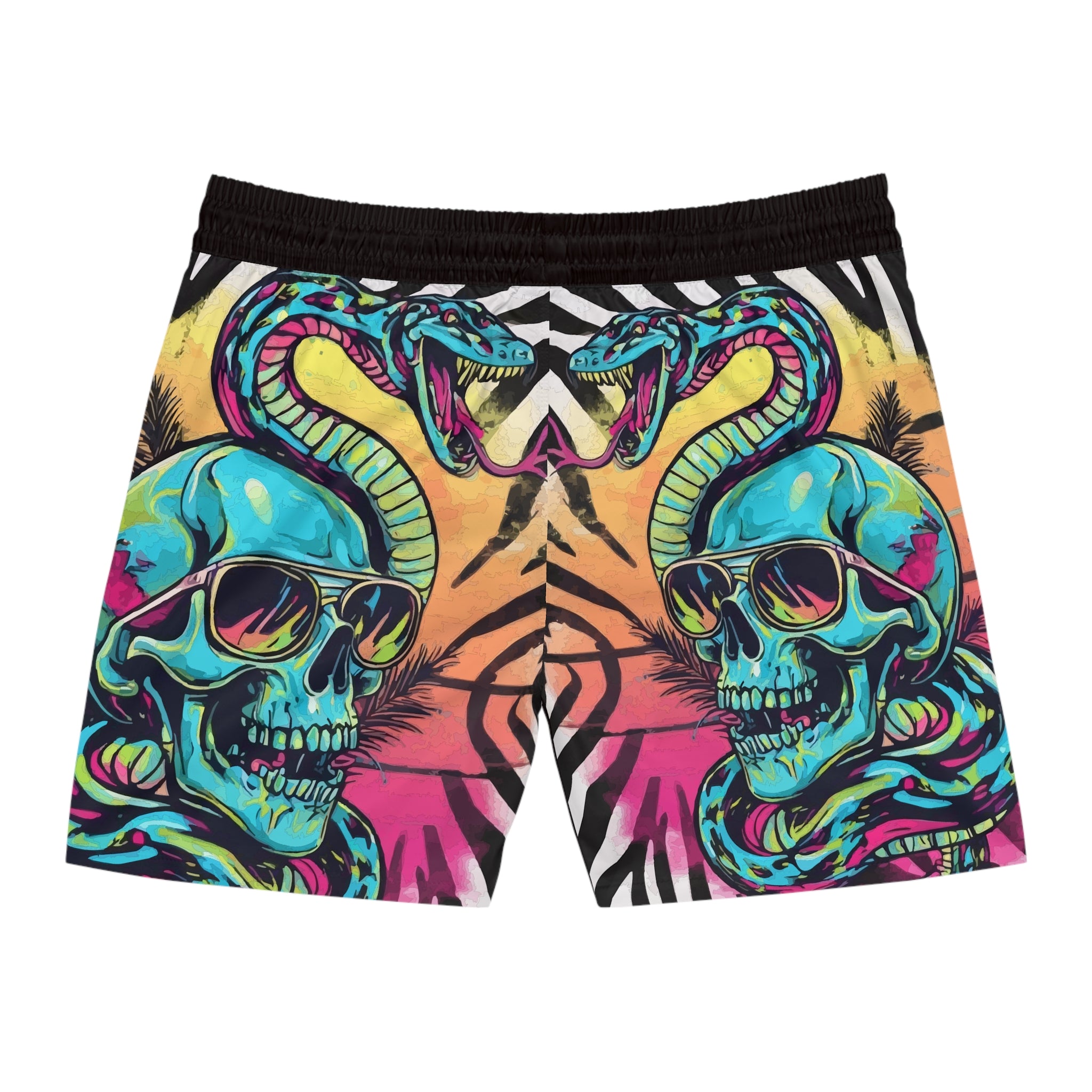 Men's Skull & Snake Swim Shorts — Neon Tropical Print