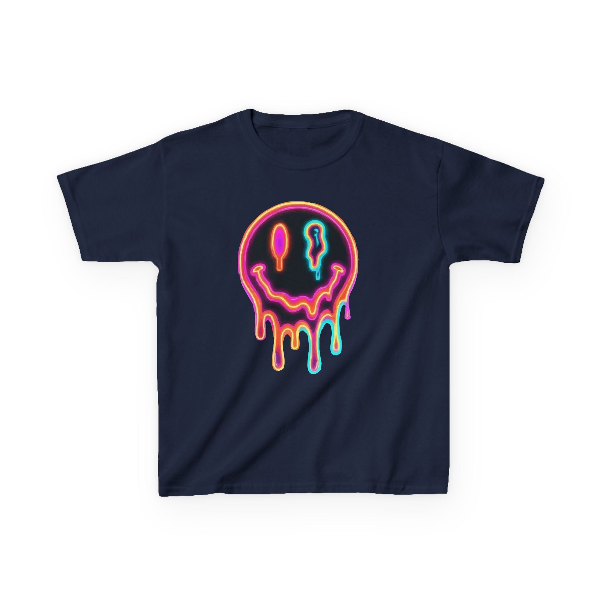 Kids Neon Drip Smiley T-Shirt — Colorful Melting Emoji Tee for Boys & Girls
