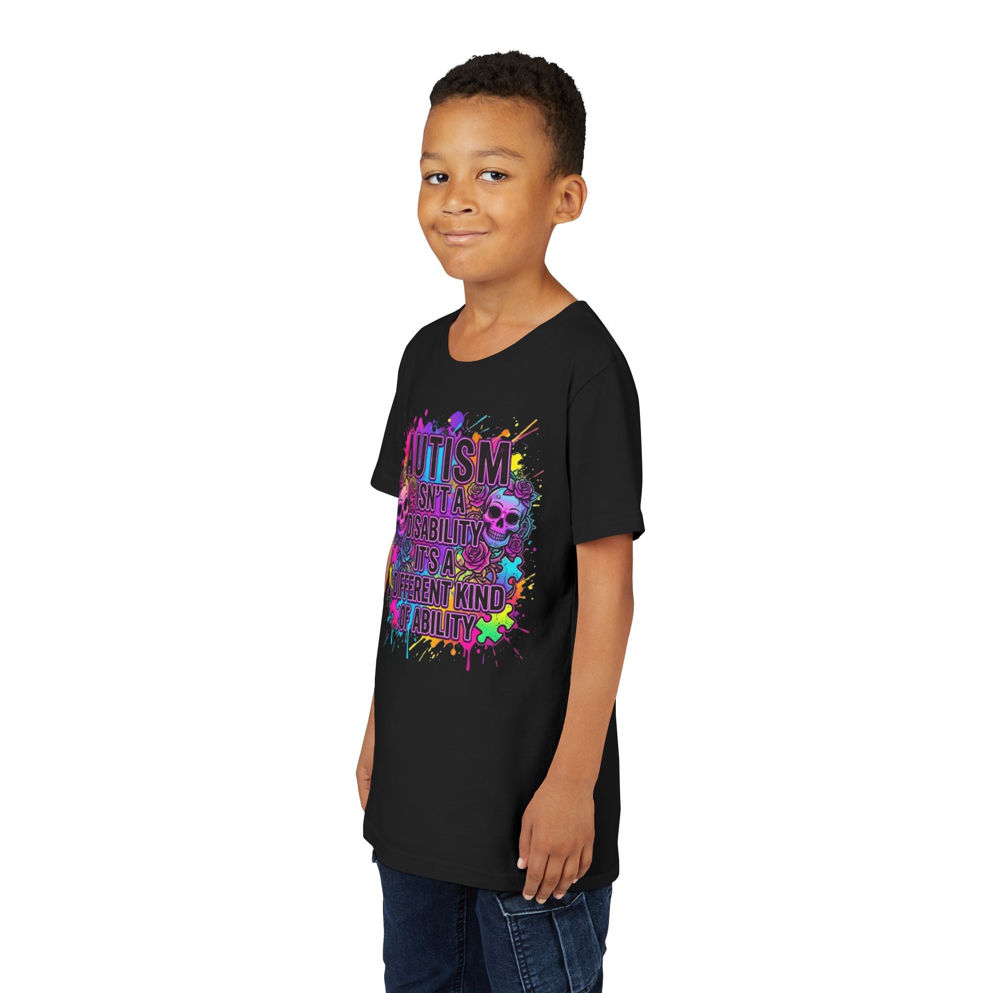 Youth Tee — "Autism Isn't a Disability, It's a Different Kind of Ability" Colorful Skull Design