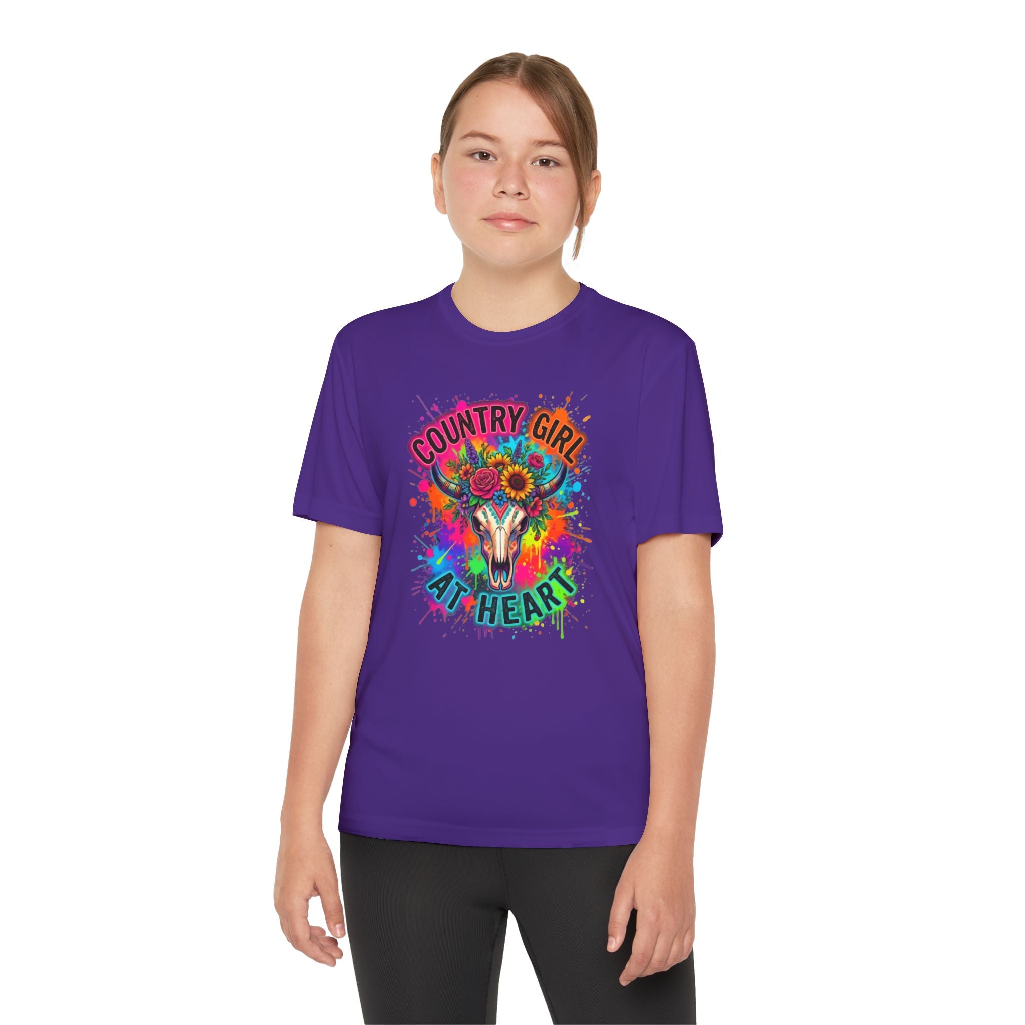 Country Girl at Heart Youth Tee — Colorful Floral Bull Skull Graphic