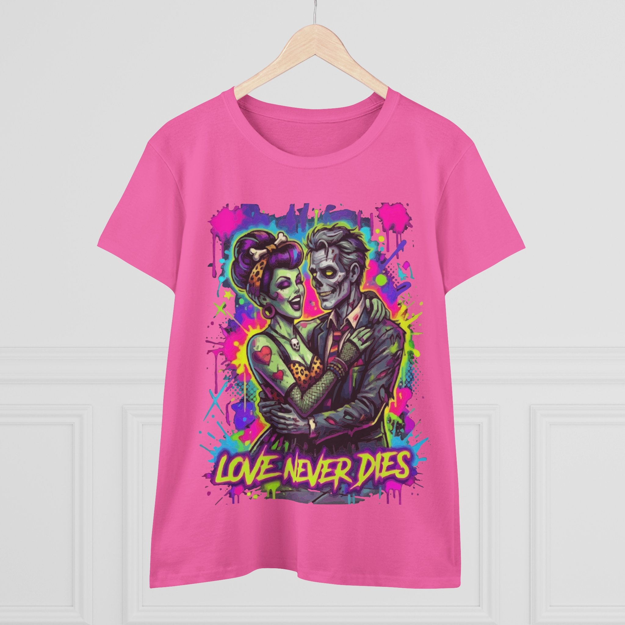 Women's Tee — Neon Zombie Couple "Love Never Dies" Graphic