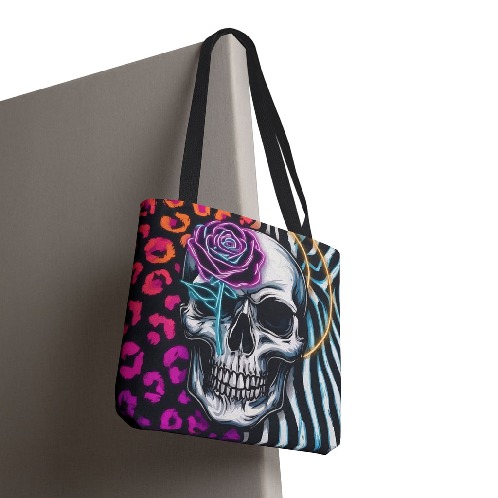 Skull & Rose Pattern Tote Bag — Neon Animal Print All-Over Tote
