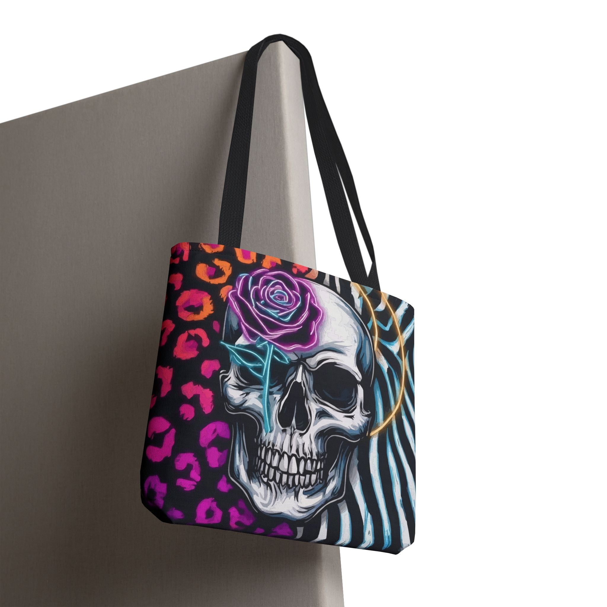 Skull & Rose Pattern Tote Bag — Neon Animal Print All-Over Tote