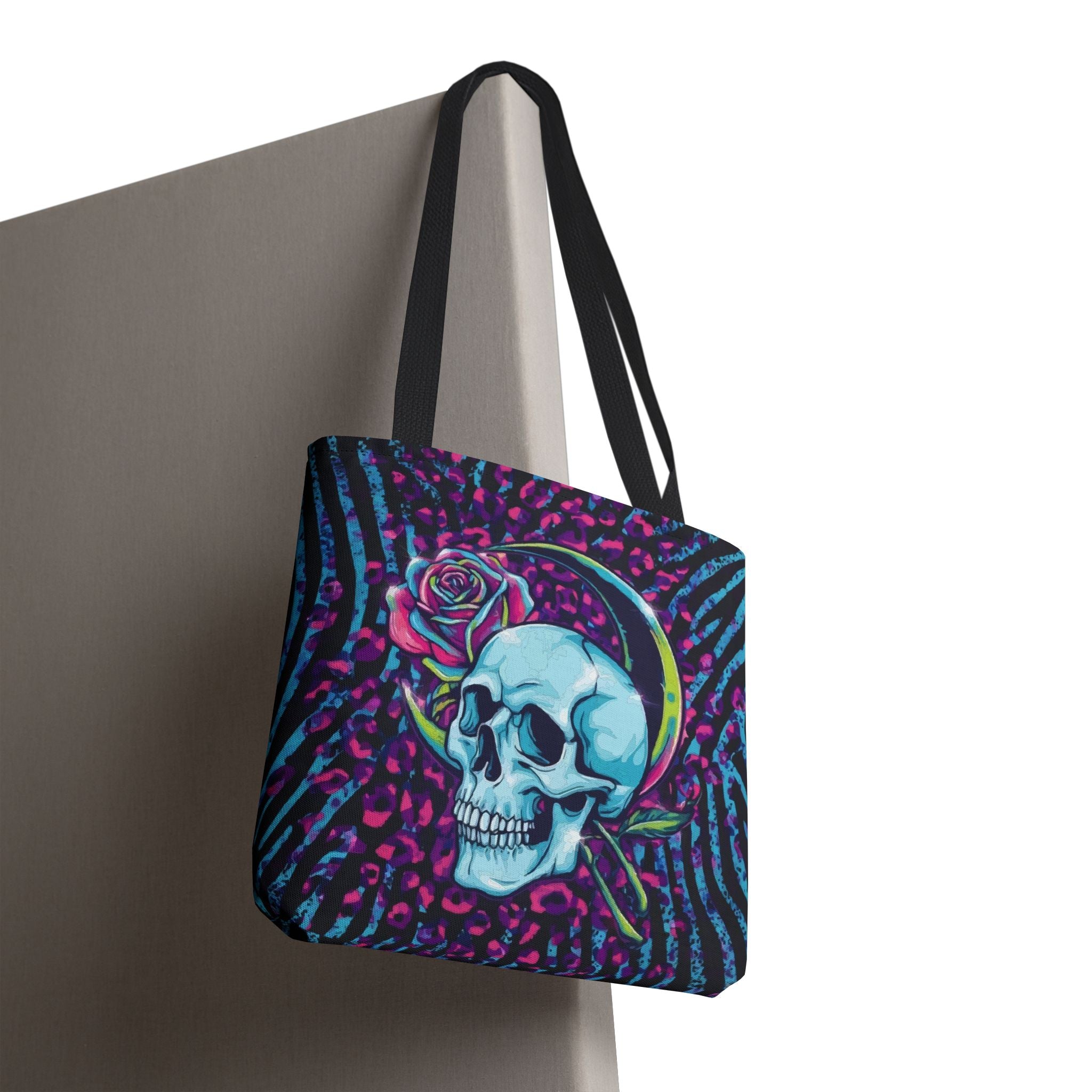 Skull & Rose Tote Bag — Neon Gothic Crescent Moon AOP Tote