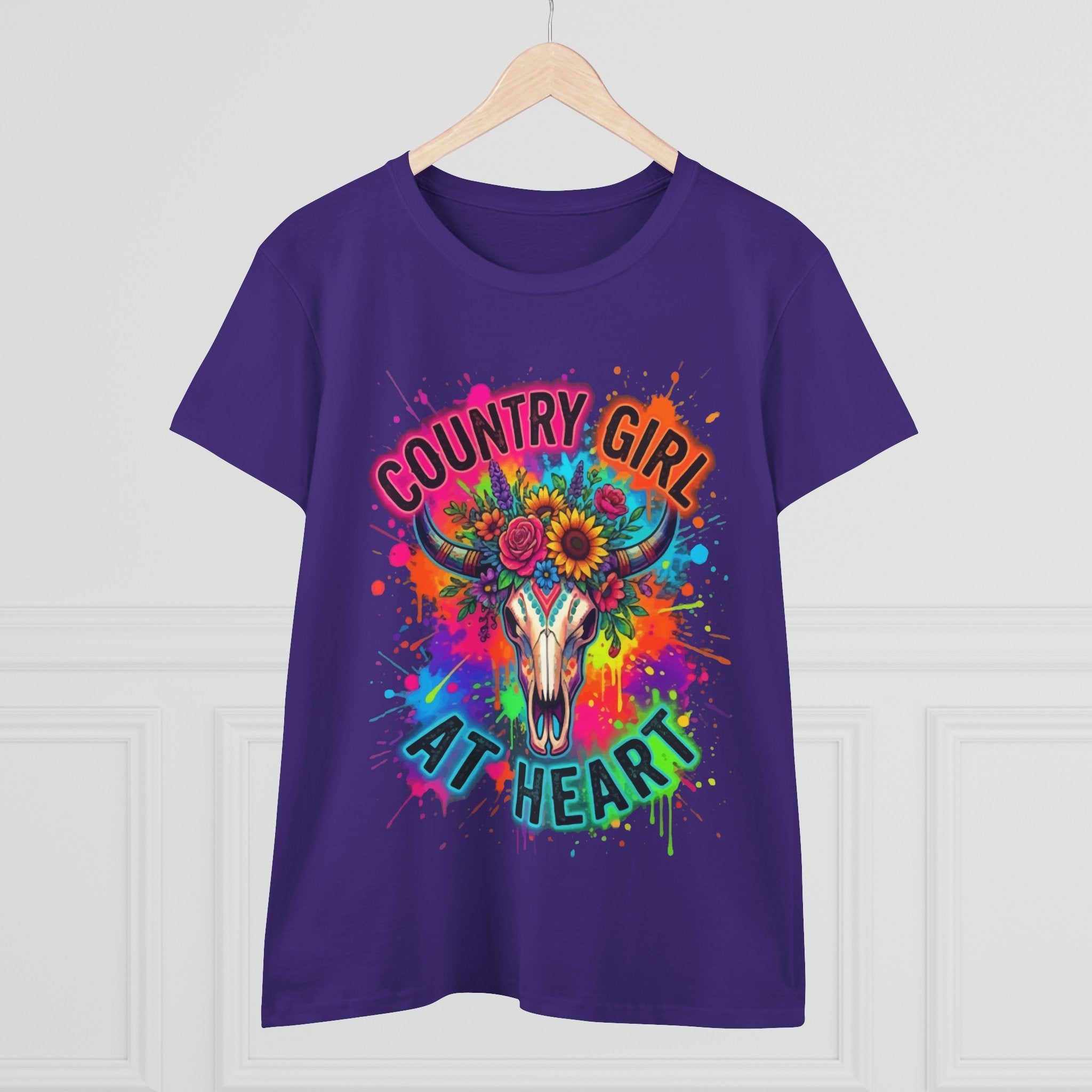 Country Girl At Heart Tee — Colorful Floral Cow Skull Women's T‑Shirt
