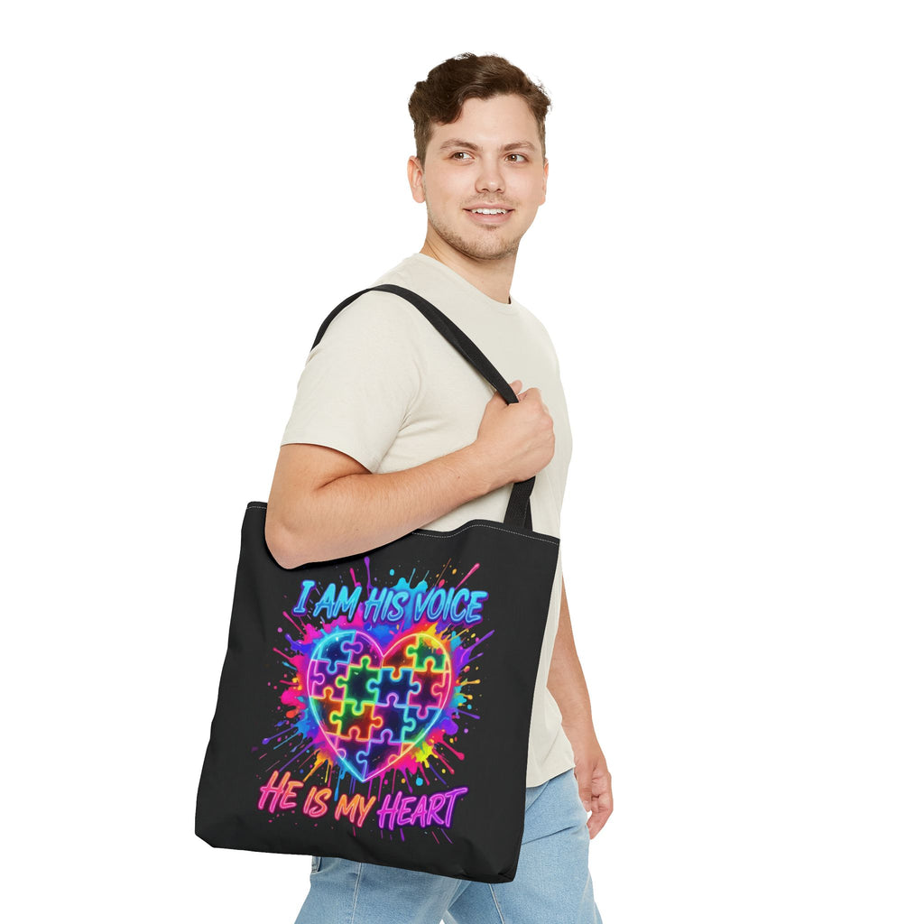 Autism Awareness Tote Bag — "I Am His Voice, He Is My Heart" Colorful Puzzle Heart