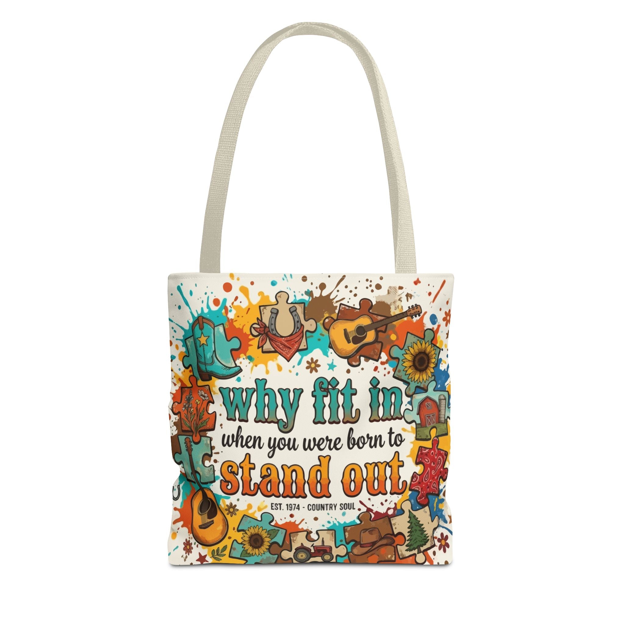 Stand Out Tote Bag — "Why Fit In When You Were Born to Stand Out" Colorful Boho Guitar Design