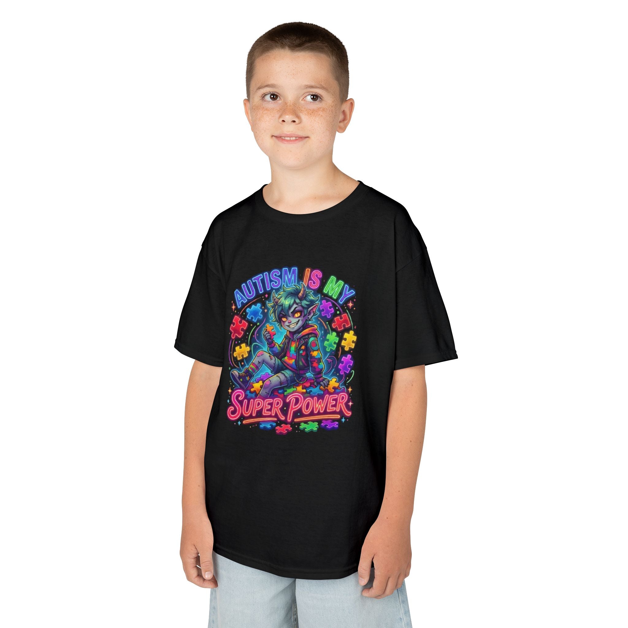 Kids Tee — "Autism Is My Super Power" Colorful Puzzle Hero Shirt