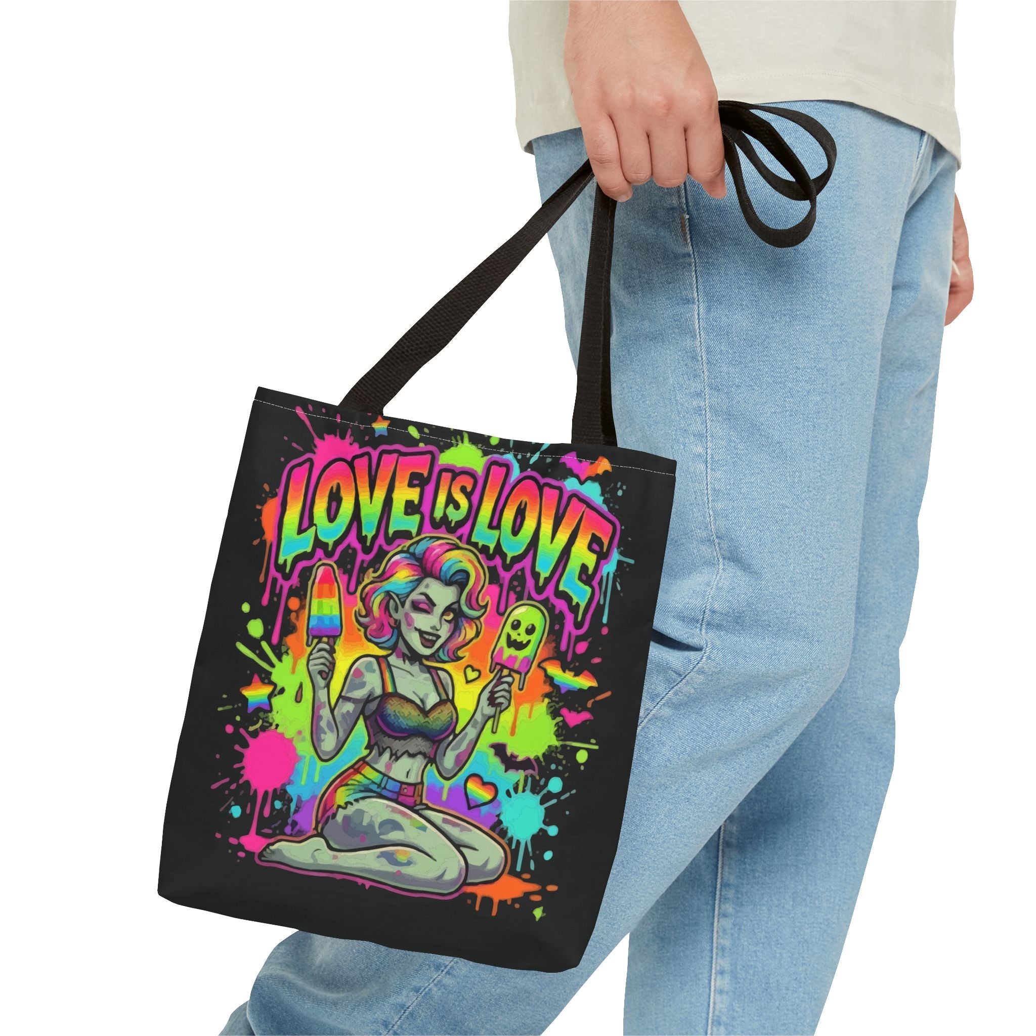 Love Is Love Neon Pride Tote Bag — Colorful Retro Pin-Up LGBTQ+ Canvas Tote