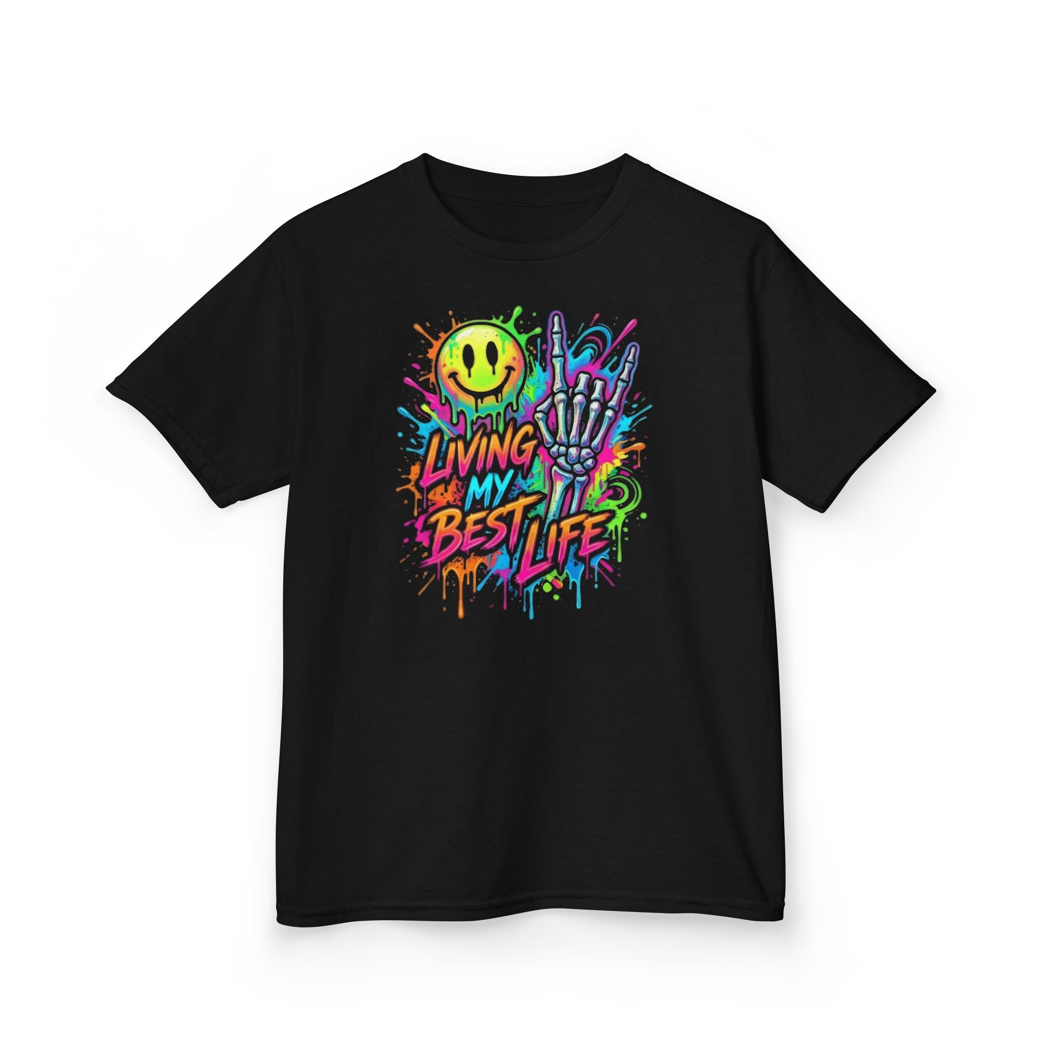 Kids T-Shirt — Neon Graffiti “Living My Best Life” Smiley Skate Tee